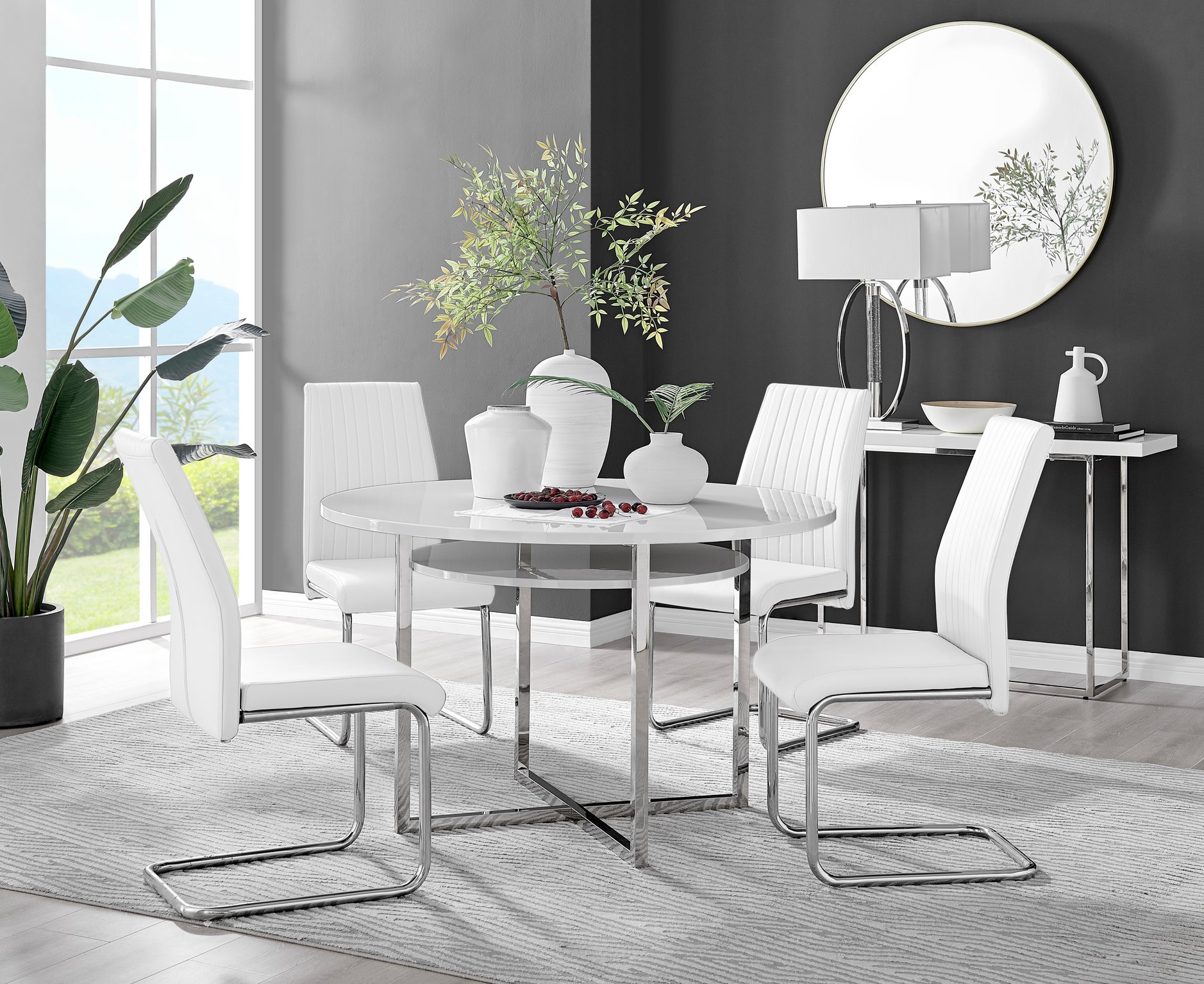 Adley High Gloss Storage Dining Table in White & 4 Lorenzo Chairs Furniture Set - Picture 58 of 69