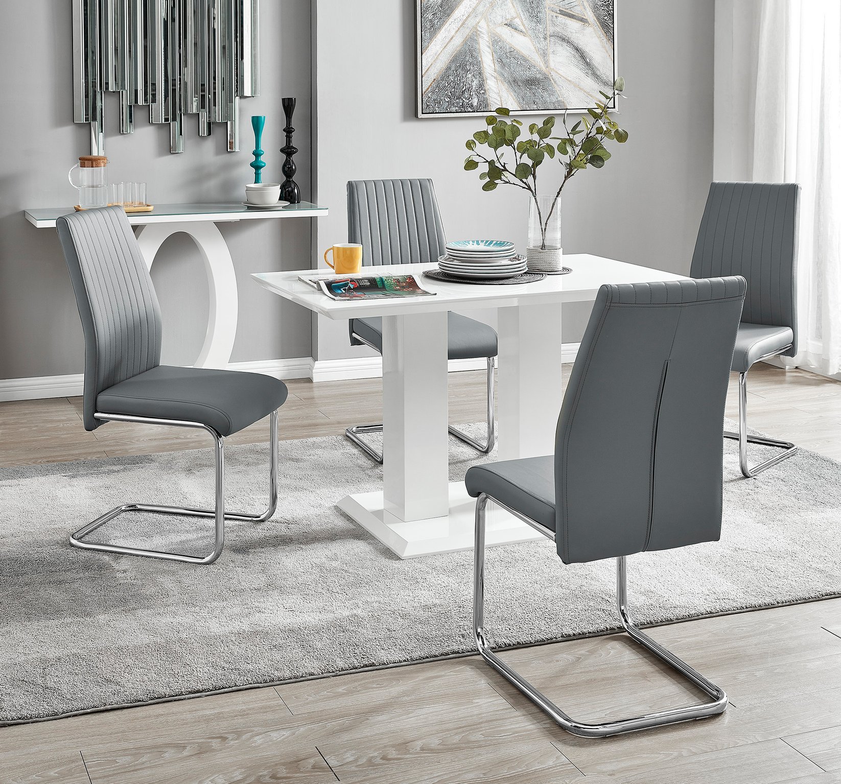 IMPERIA White High Gloss Dining Table & 4 Faux Leather Chrome Lorenzo Chairs - Picture 35 of 53