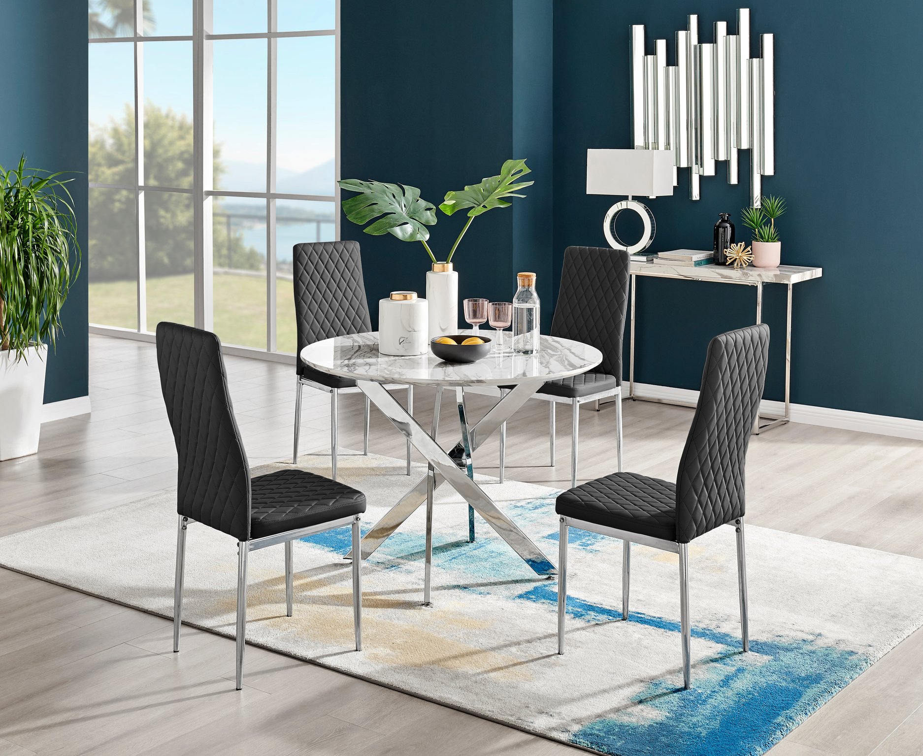 Novara White Marble Round Dining Table 100cm and 4 Milan Chairs