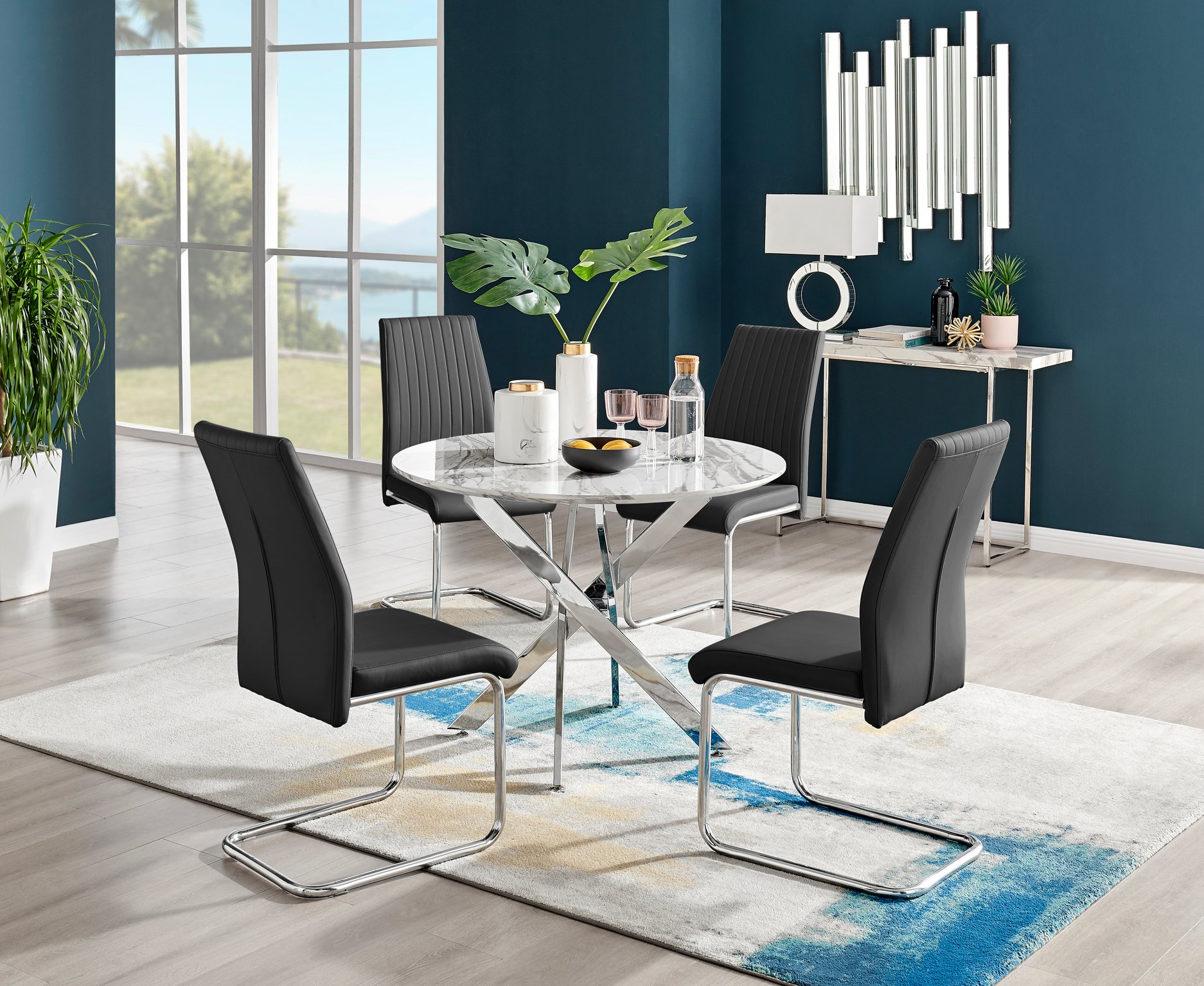 Novara White Marble Round Dining Table 100cm and 4 Lorenzo Chairs Furniture Set