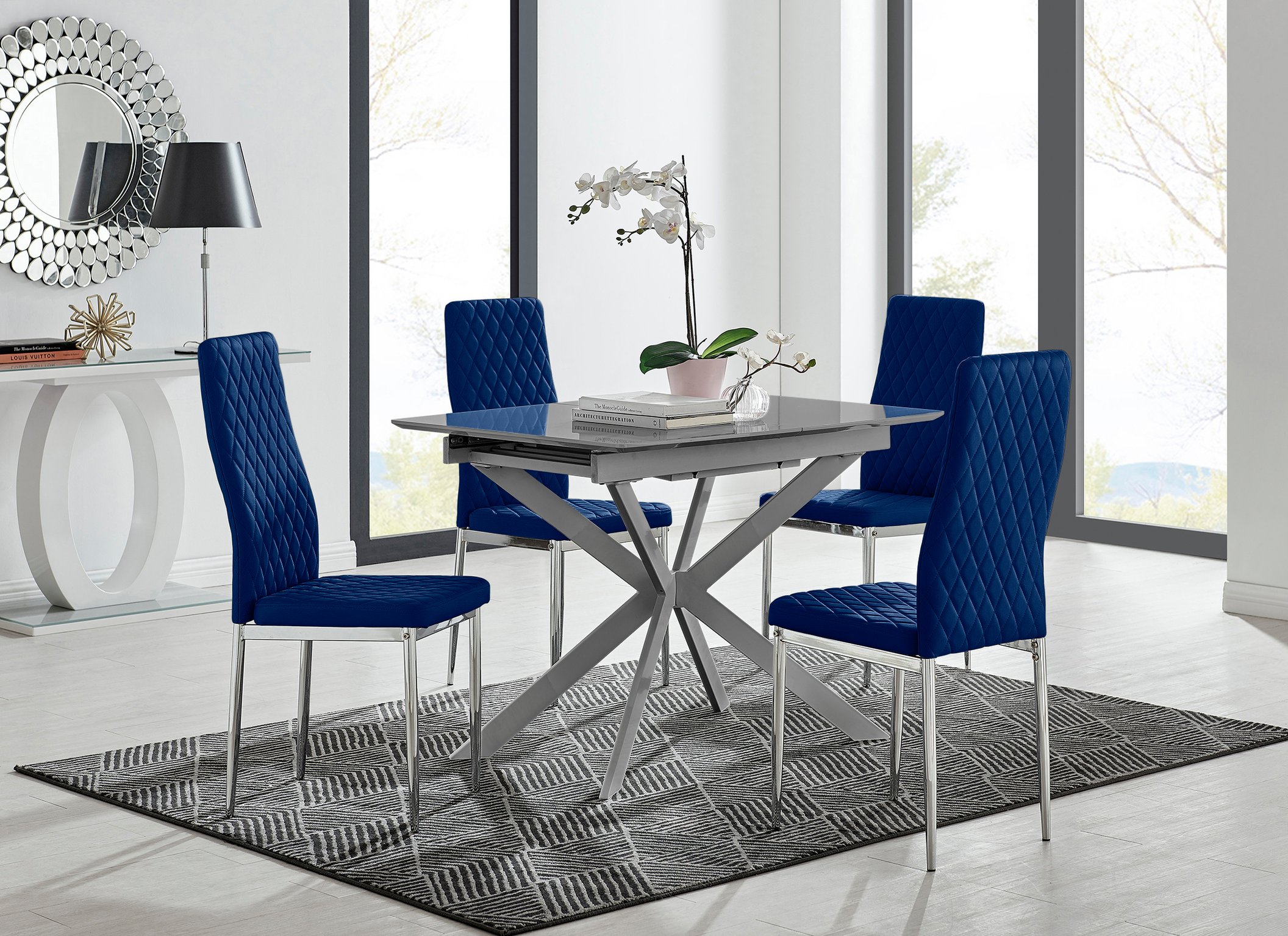Lira 100cm Grey Metal Extending Dining Table 4 Velvet Milan Chairs