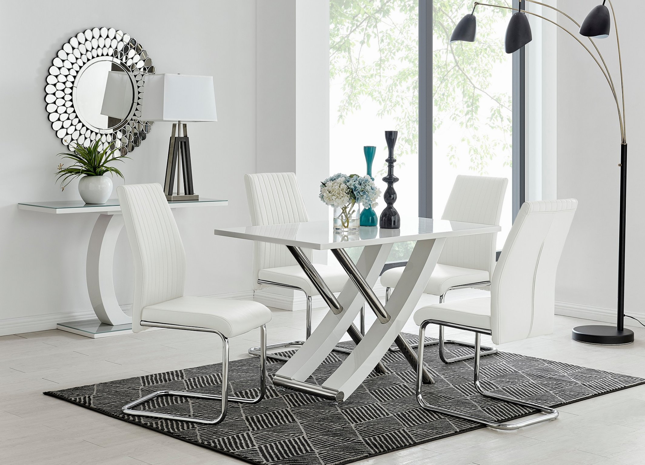MAYFAIR White High Gloss Chrome Dining Table & 4 Faux Leather Dining Chairs - Picture 238 of 285