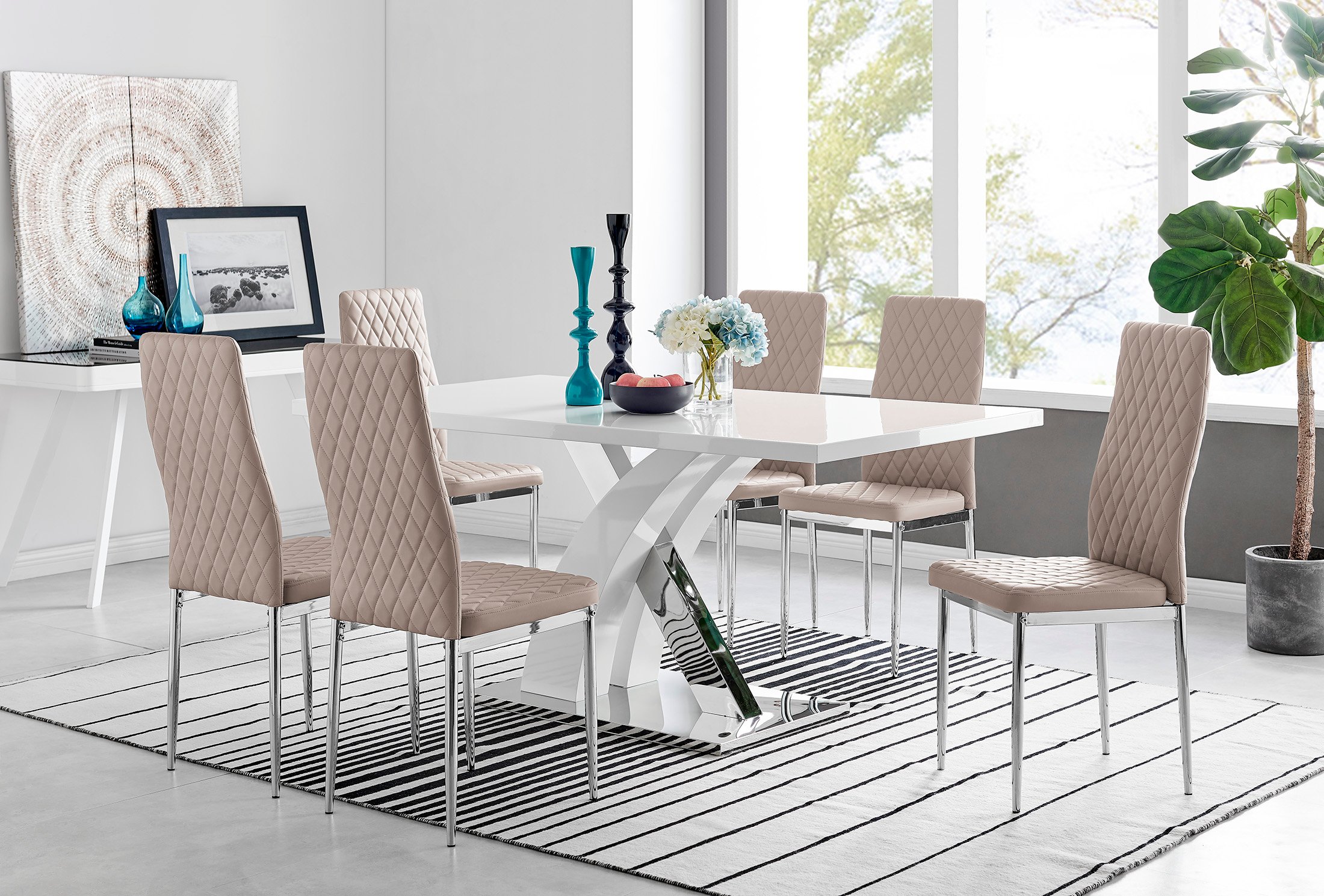 ATLANTA White High Gloss and Chrome Dining Table & 6 Faux Leather Milan Chairs - Picture 50 of 157