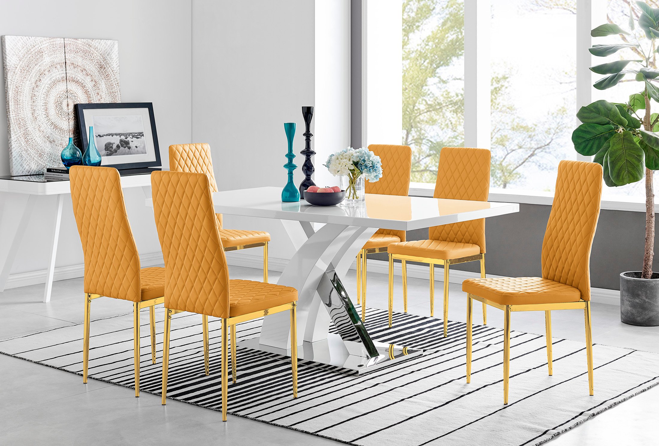 ATLANTA White High Gloss and Chrome Dining Table & 6 Faux Leather Milan Chairs - Picture 98 of 157