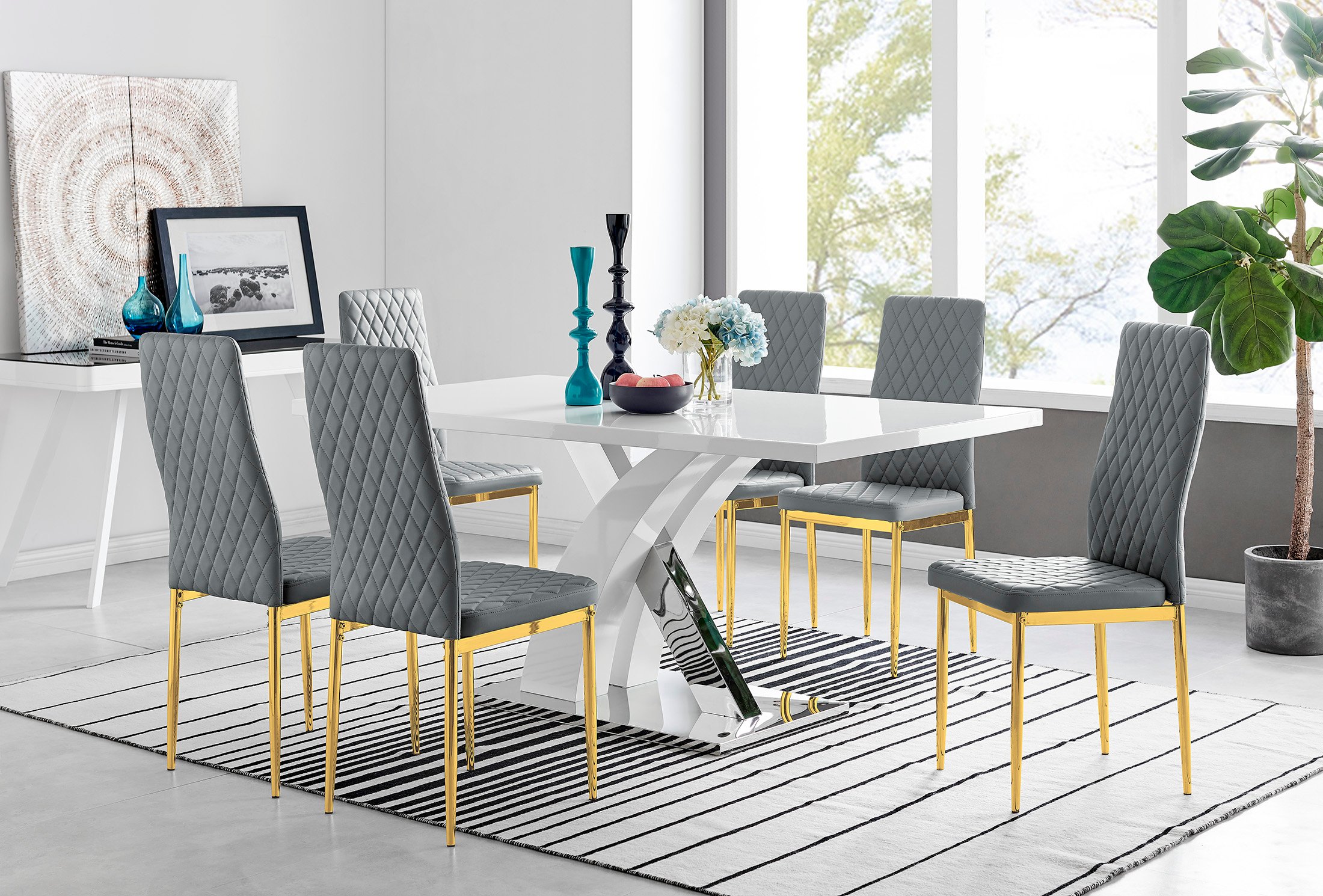 ATLANTA White High Gloss and Chrome Dining Table & 6 Faux Leather Milan Chairs - Picture 86 of 157