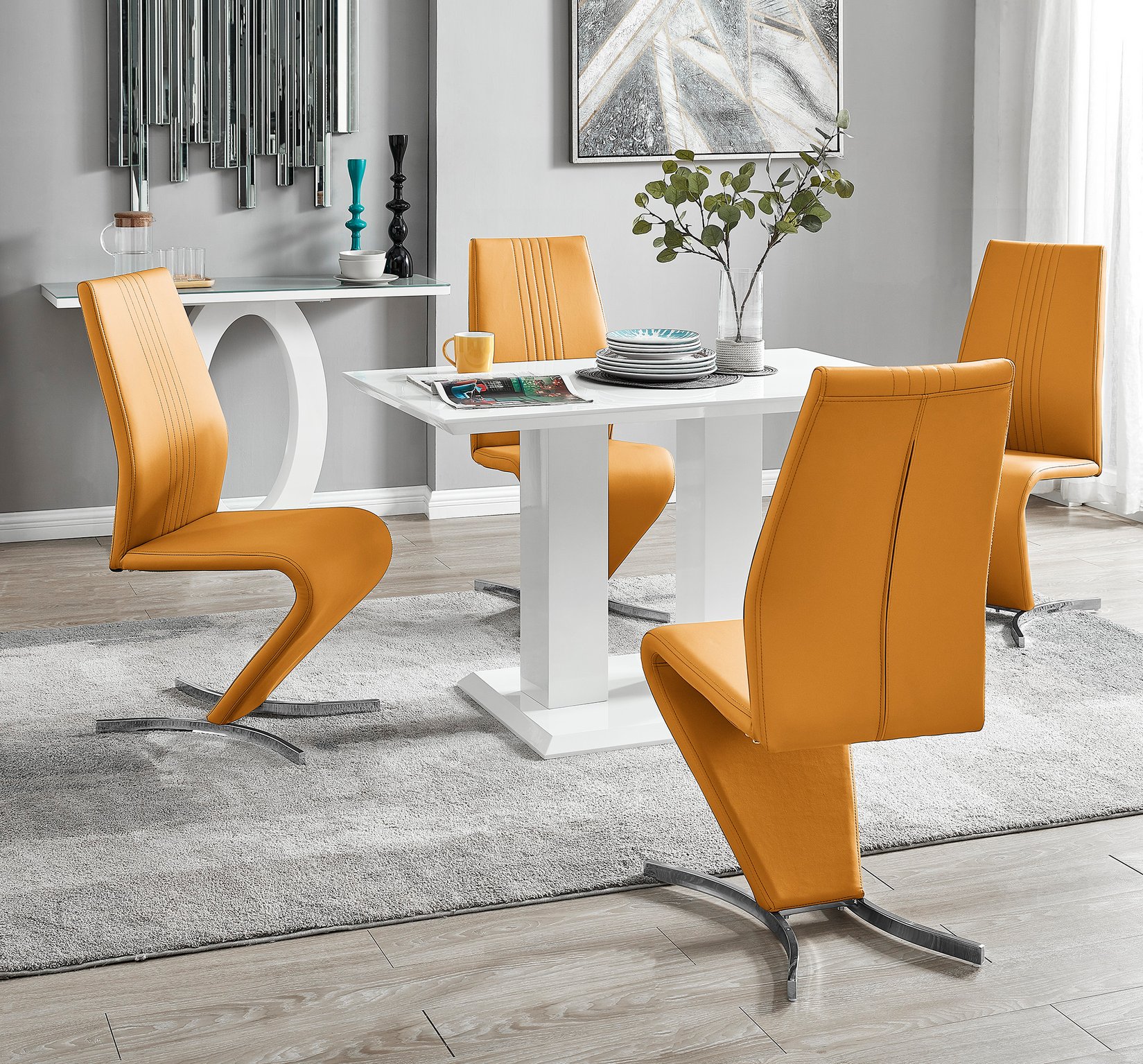 IMPERIA White High Gloss Dining Table & 4 Faux Leather Chrome Willow Chairs - Picture 29 of 43