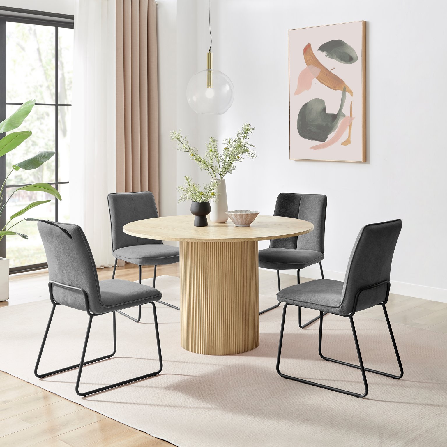 Penrose Oak Effect 120cm Round Dining Table & 4 Halle Fabric Dining Chairs Scan