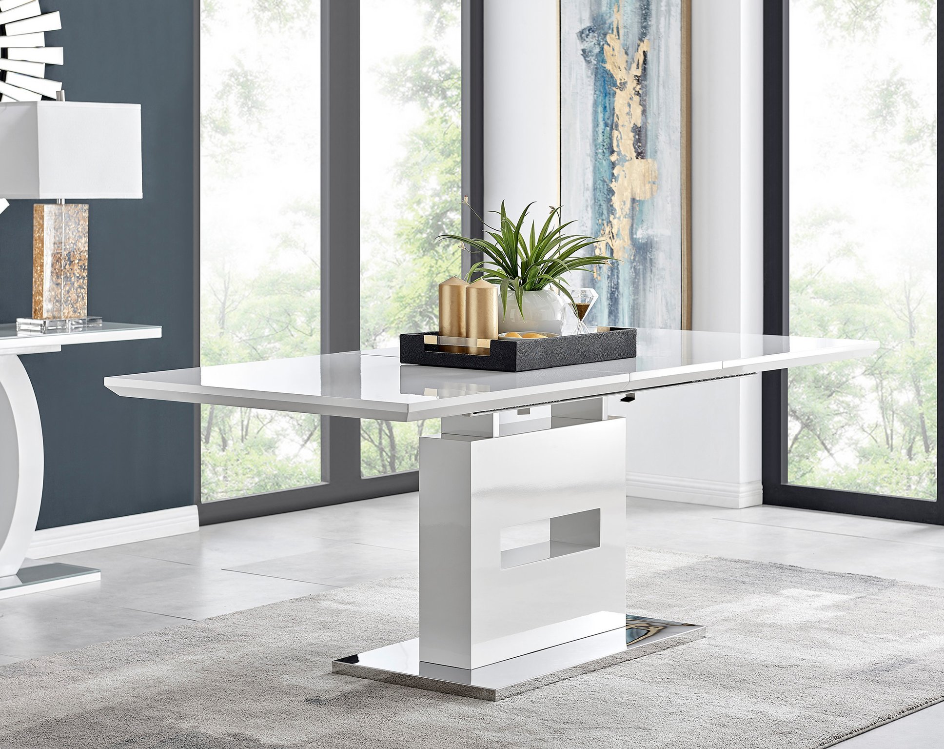 AREZZO White High Gloss Extending Dining Table 8 Faux Leather