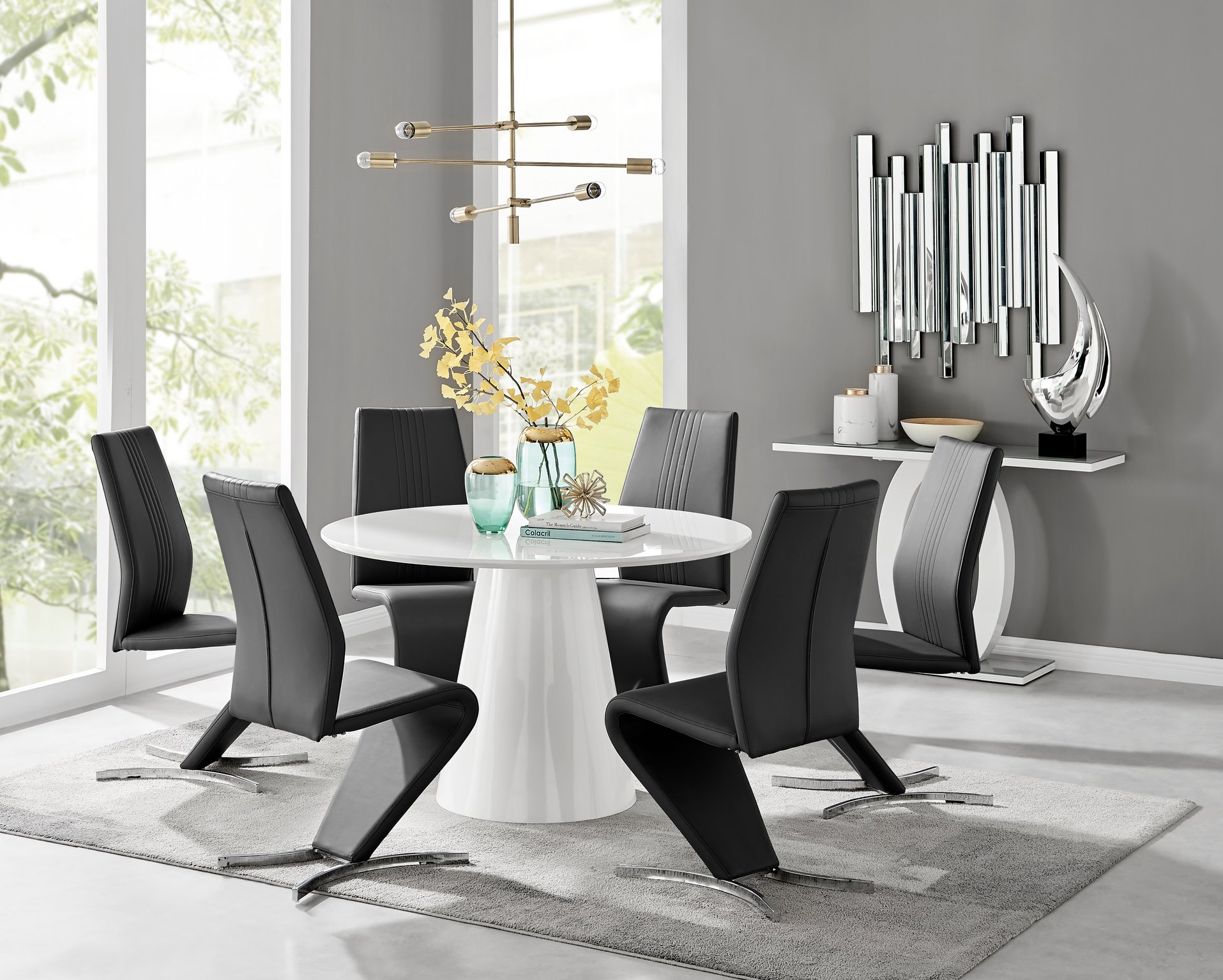 white gloss dining table and black chairs