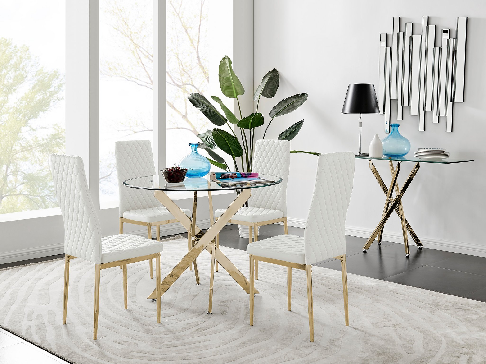 NOVARA Gold Round Tempered Glass Dining Table And 4 Faux Leather Dining Chairs - Picture 204 of 410