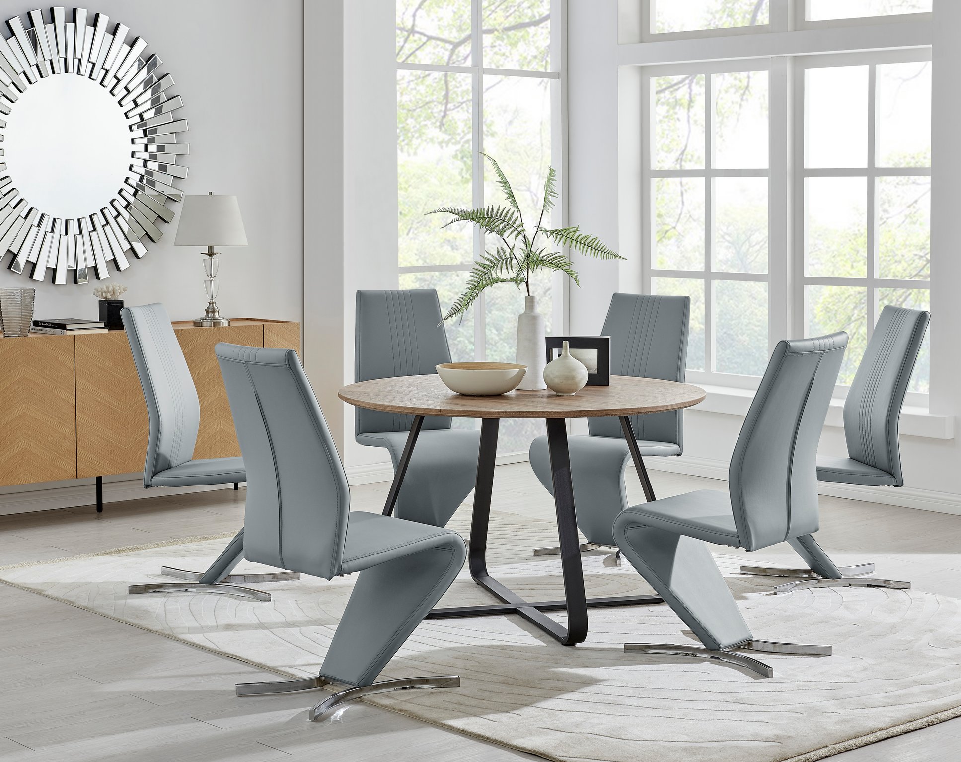 SANTORINI Brown Wood Round Dining Table And 6 Faux Leather Willow Chairs
