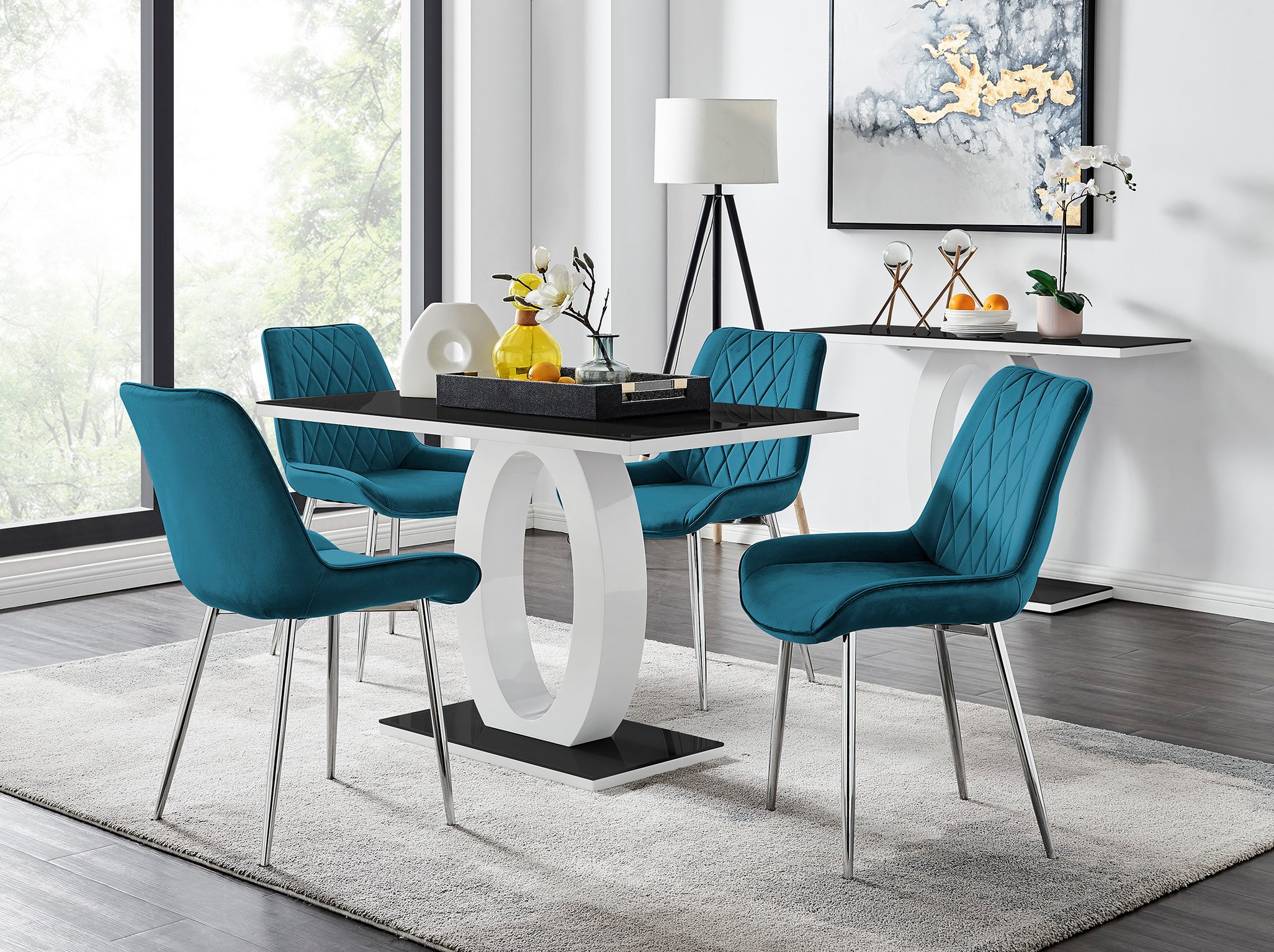 GIOVANI Black Gloss Glass Kitchen Dining Table and 4 Pesaro Velvet
