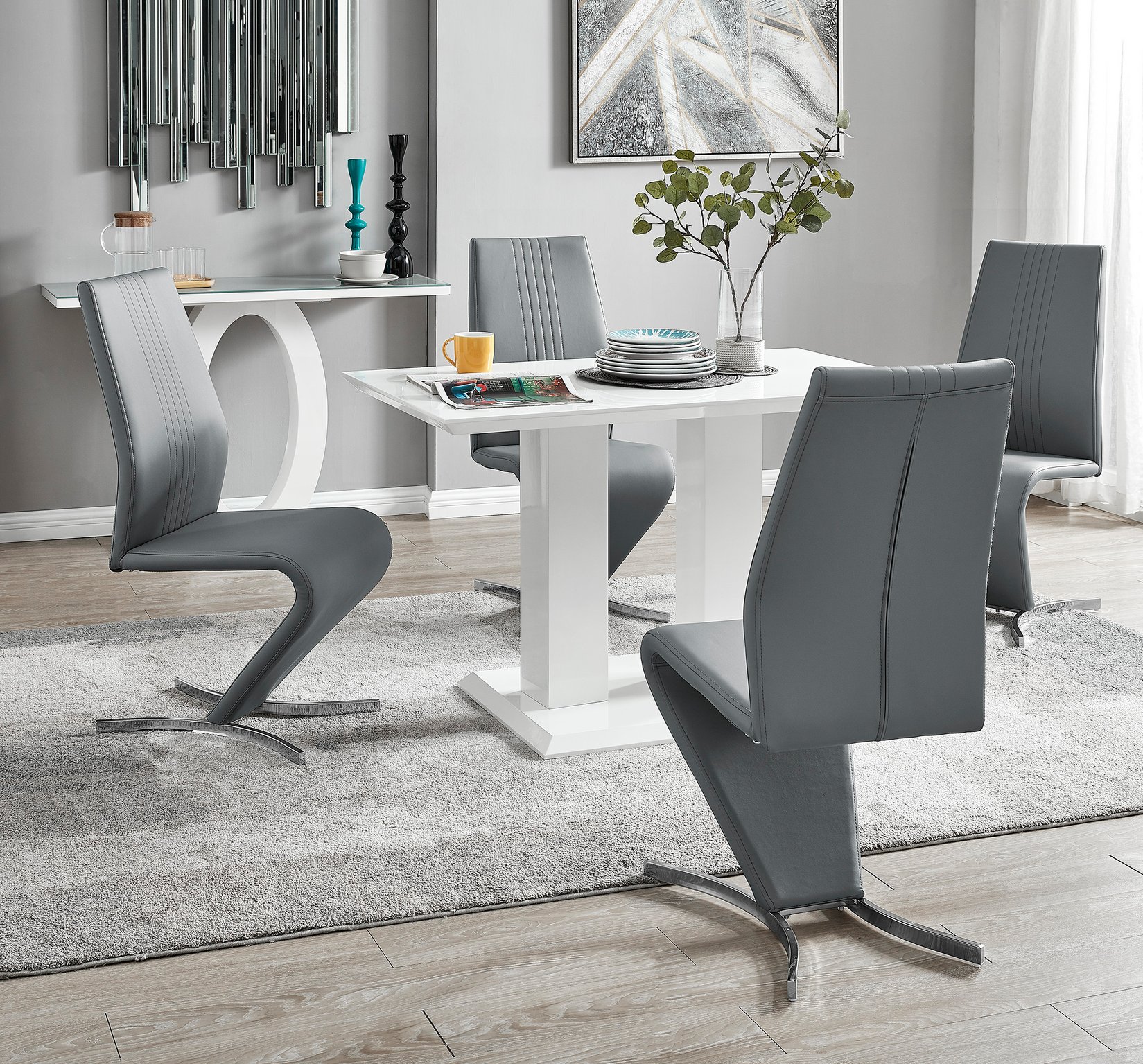IMPERIA White High Gloss Dining Table & 4 Faux Leather Chrome Willow Chairs - Picture 35 of 43