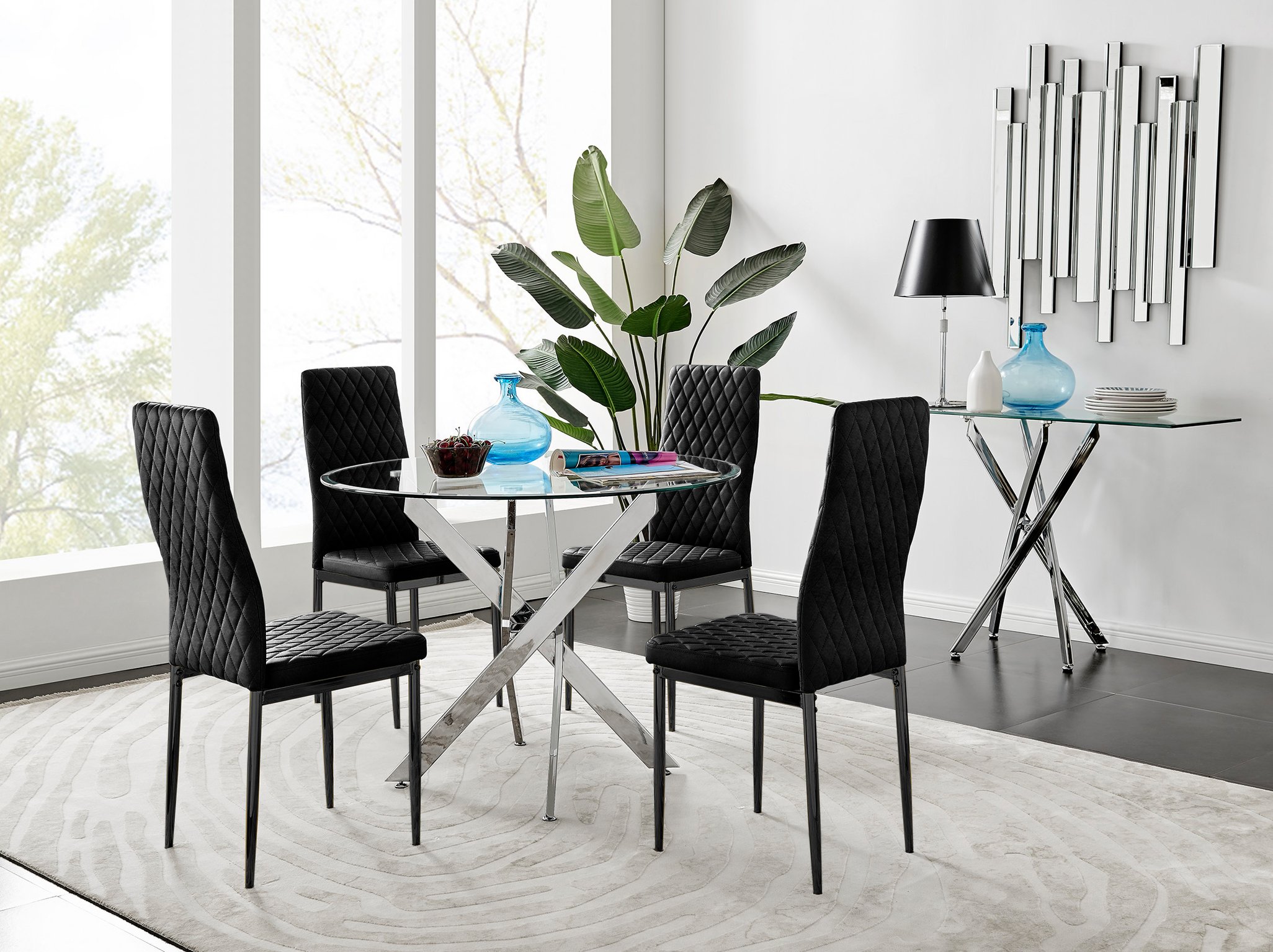 Novara 100cm Round Dining Table and 4 Velvet Milan Black Leg Chairs - Picture 7 of 78