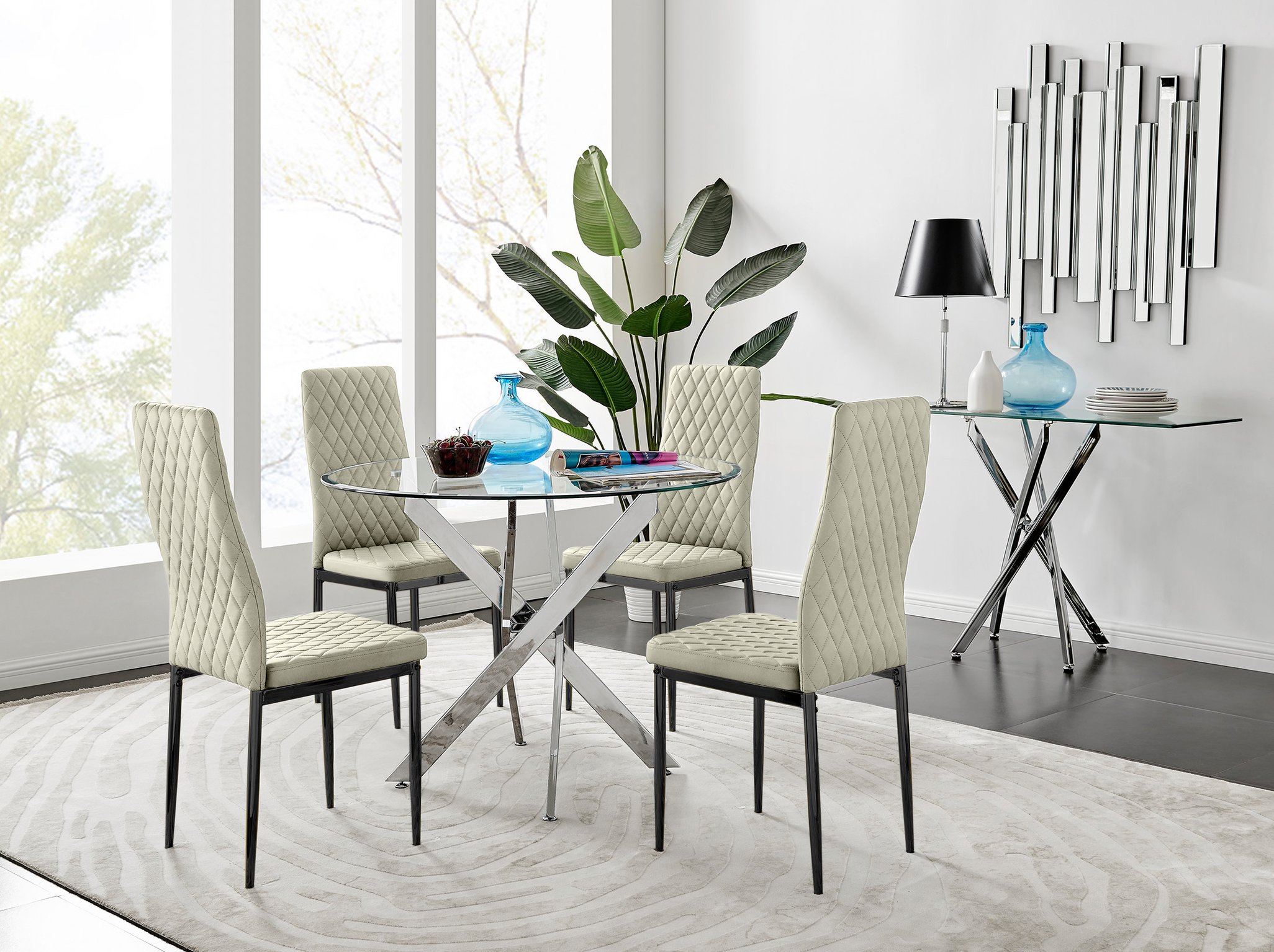 Novara 100cm Round Dining Table and 4 Velvet Milan Black Leg Chairs - Picture 43 of 78
