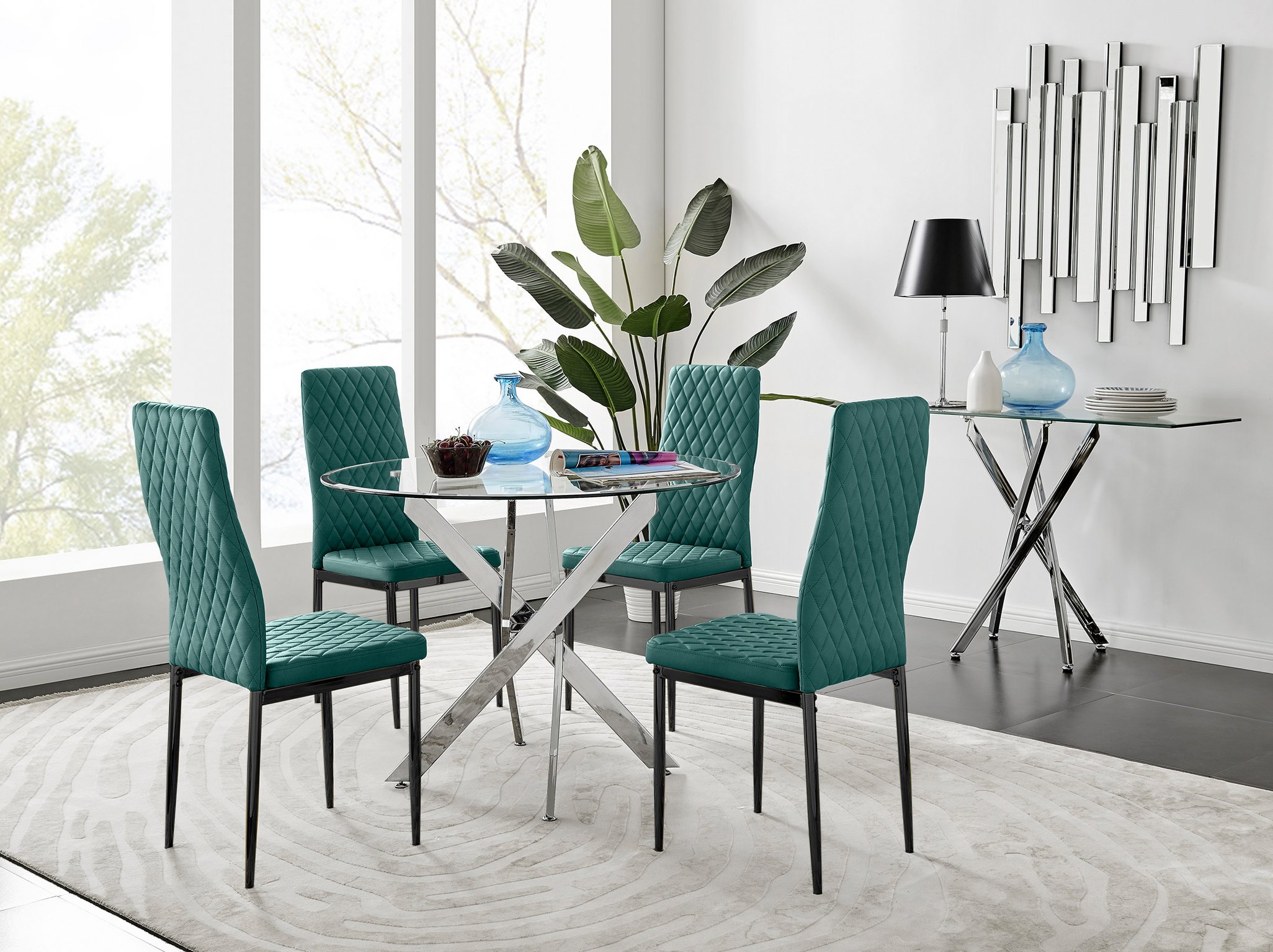 Novara 100cm Round Dining Table and 4 Velvet Milan Black Leg Chairs - Picture 55 of 78