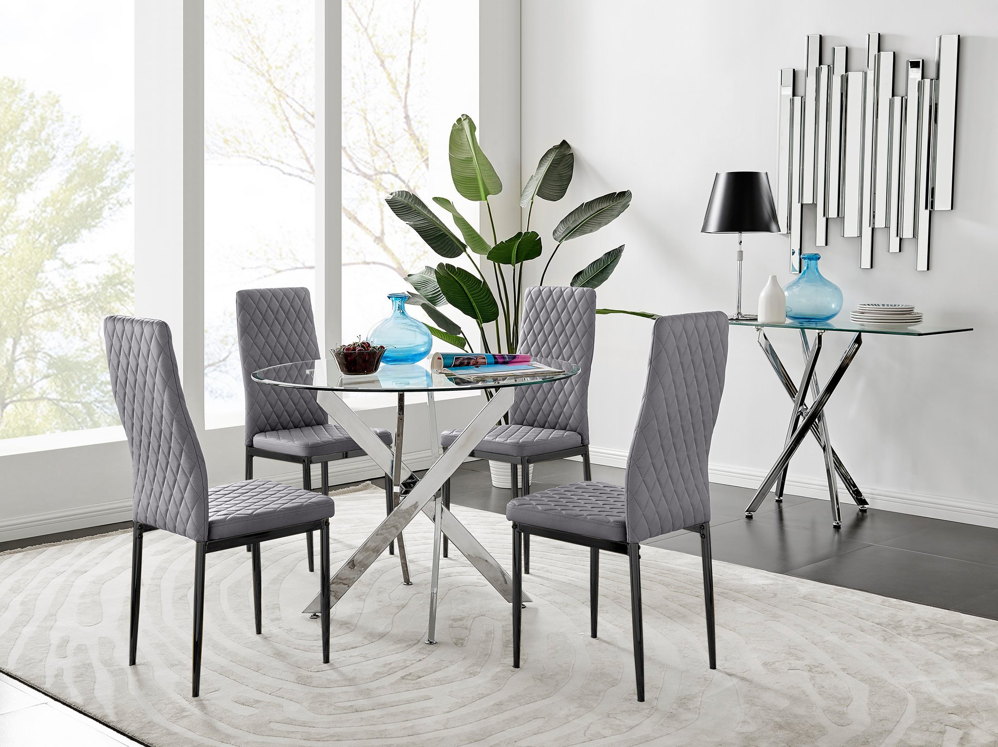 Novara 100cm Round Dining Table and 4 Velvet Milan Black Leg Chairs - Picture 67 of 78