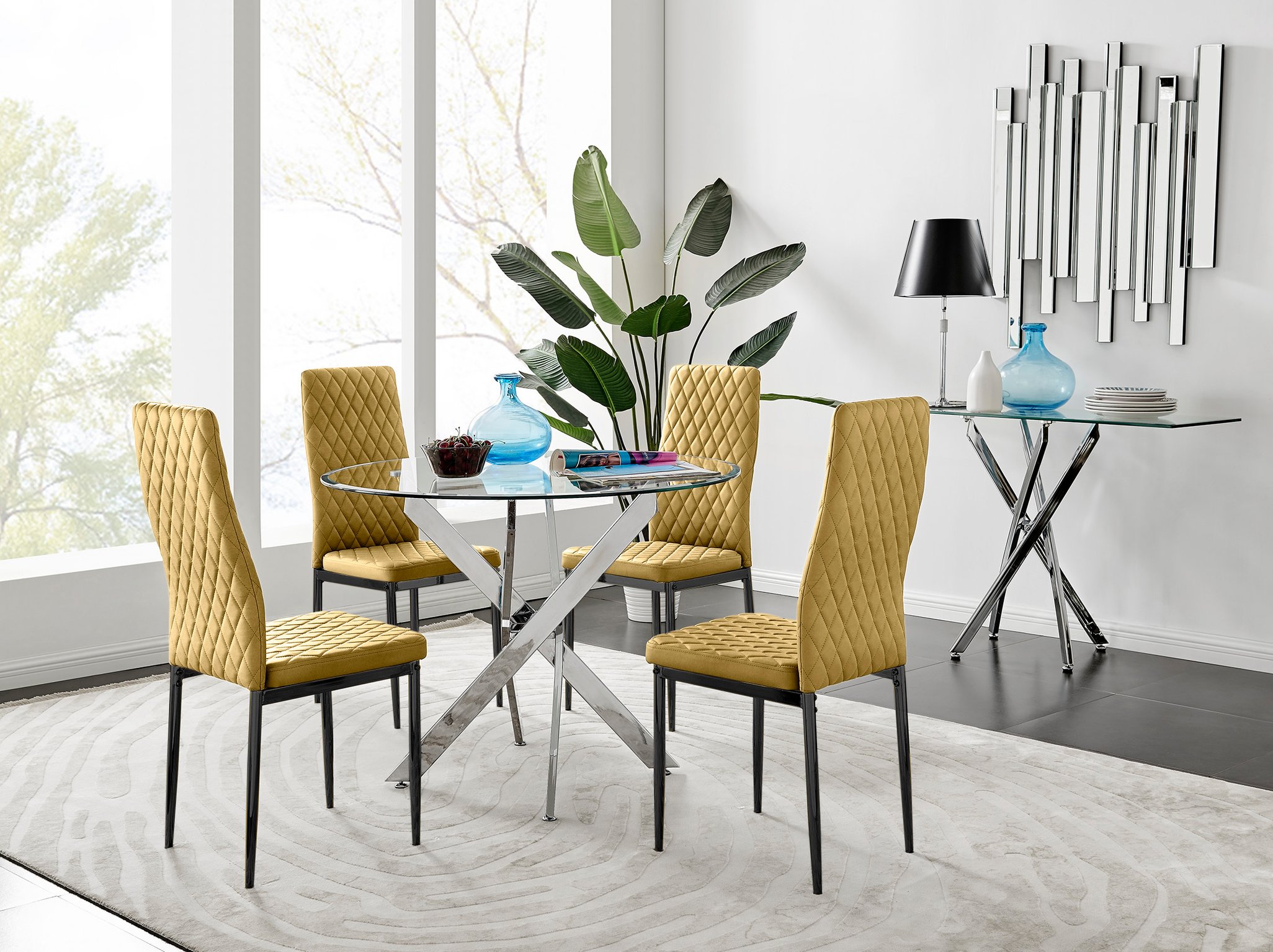 Novara 100cm Round Dining Table and 4 Velvet Milan Black Leg Chairs - Picture 31 of 78