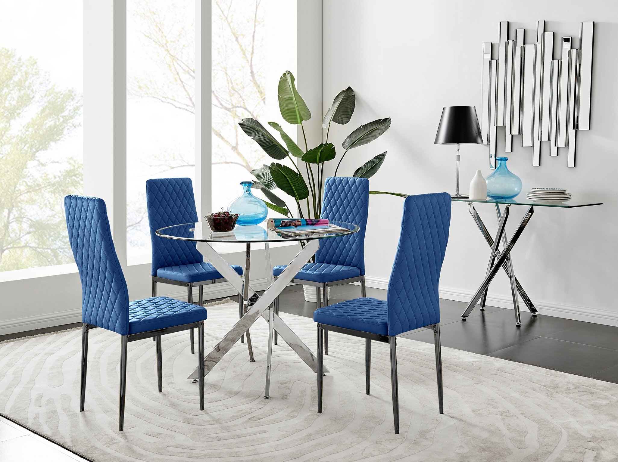 Novara 100cm Round Dining Table and 4 Velvet Milan Black Leg Chairs - Picture 19 of 78