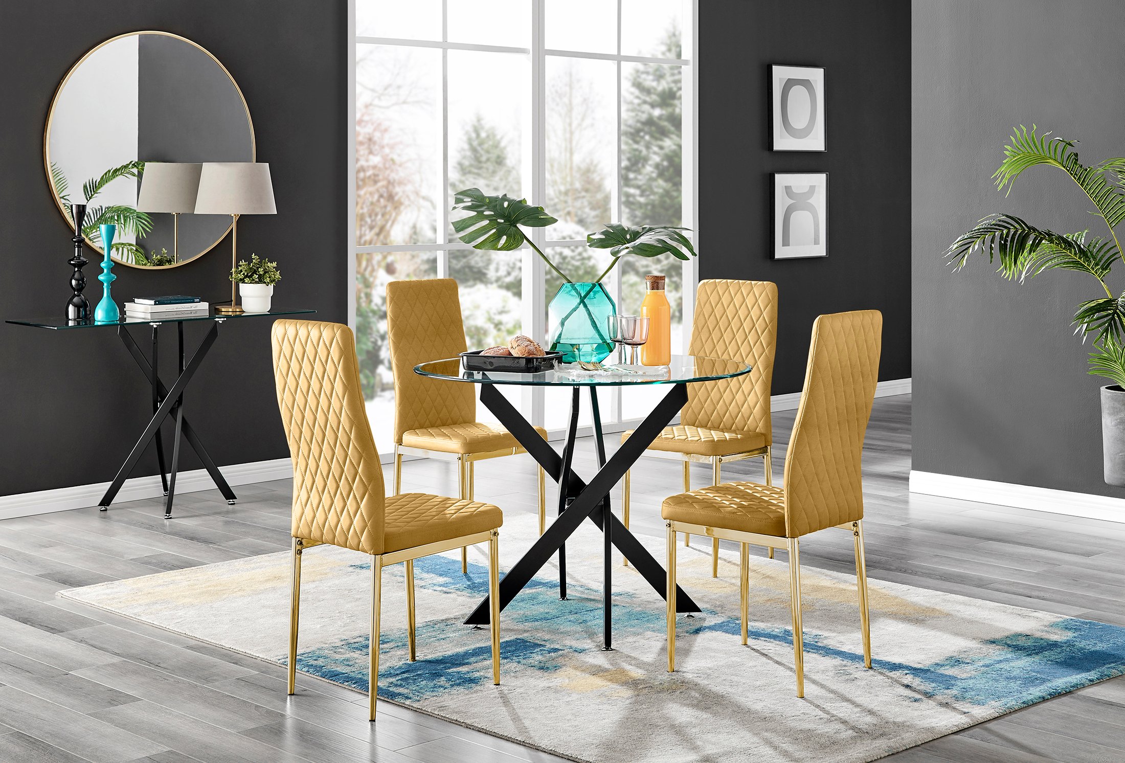 Novara Black Leg Round Glass Dining Table & 4 Velvet Milan Chairs - Picture 31 of 78