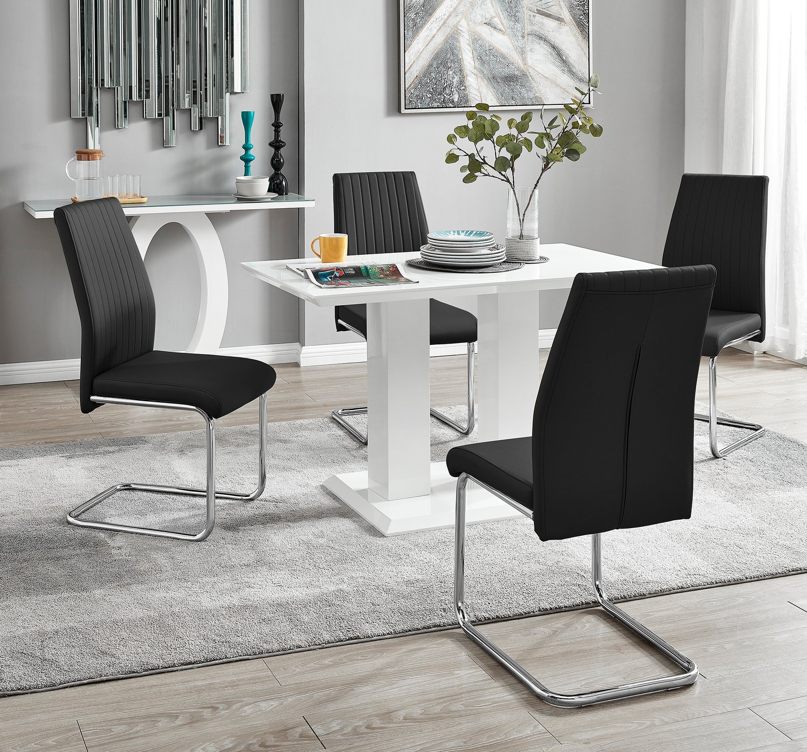 IMPERIA White High Gloss Dining Table & 4 Faux Leather Chrome Lorenzo Chairs - Picture 2 of 53