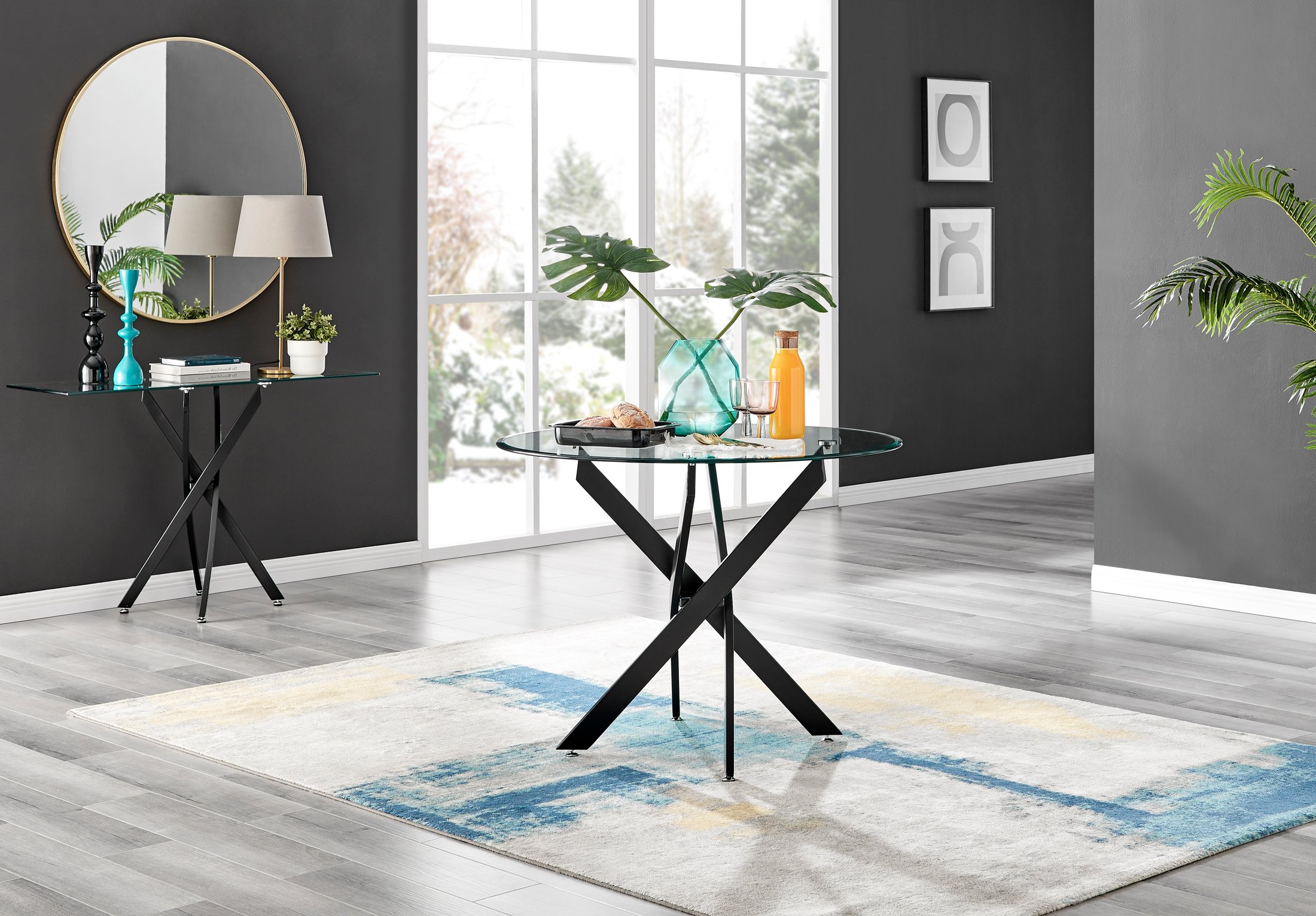 Novara Black Leg Round Glass Dining Table & 4 Velvet Milan Chairs - Picture 8 of 78