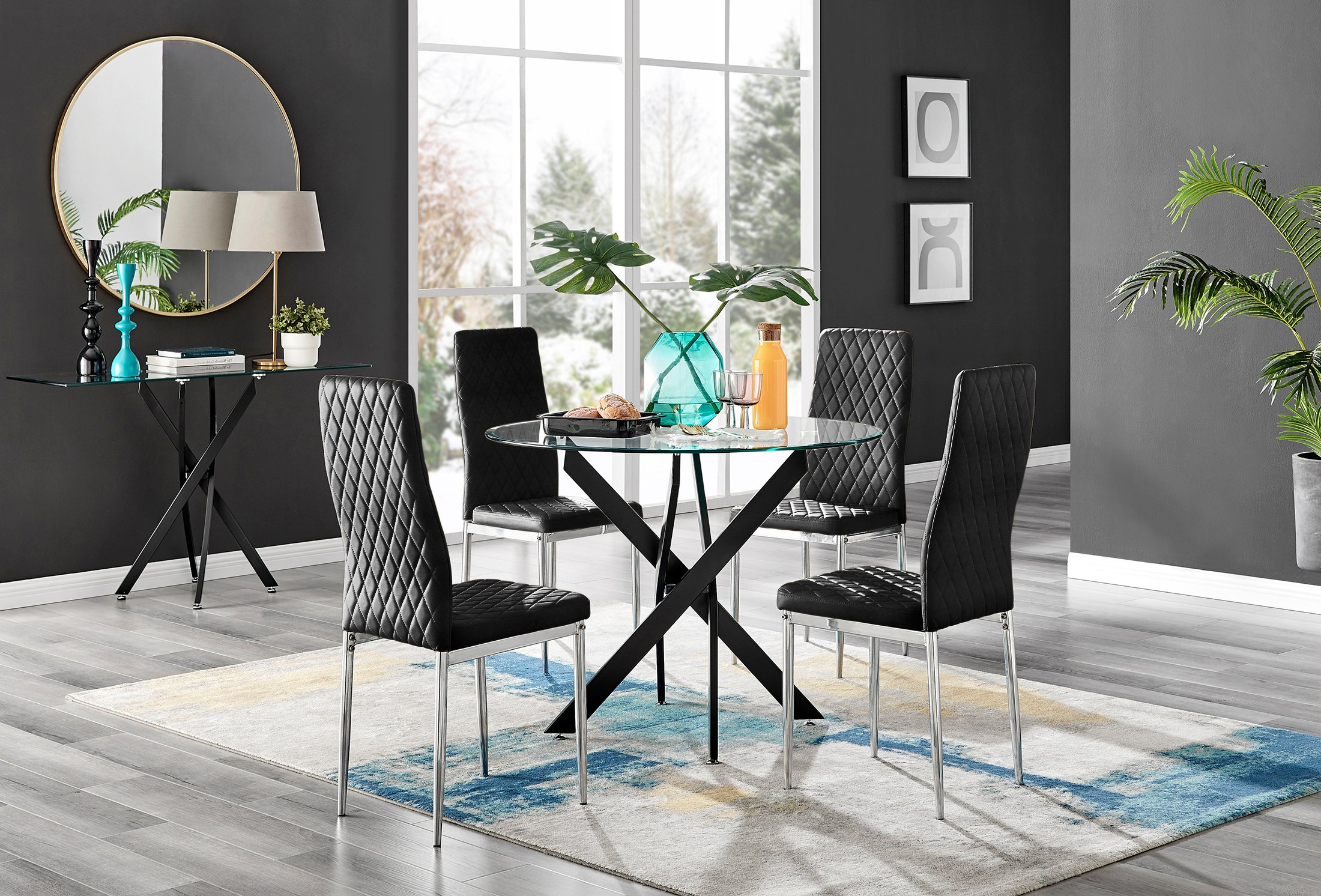 Novara Black Leg Round Glass Dining Table & 4 Velvet Milan Chairs - Picture 7 of 78