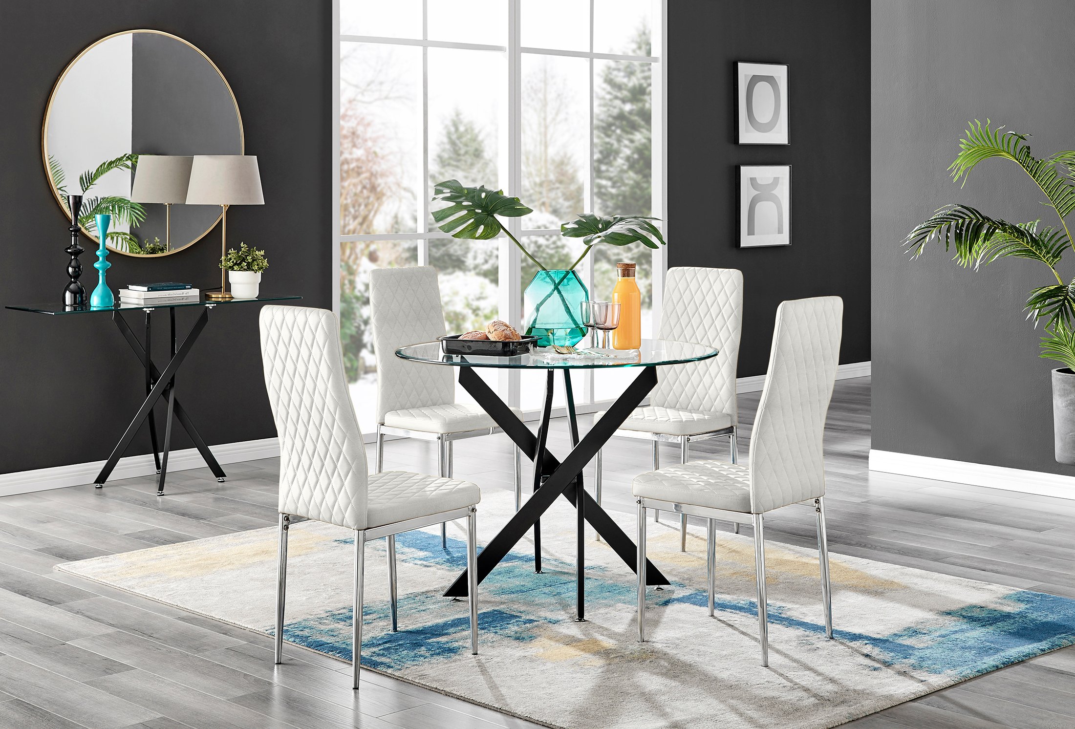 Novara Black Leg Round Glass Dining Table & 4 Velvet Milan Chairs - Picture 43 of 78