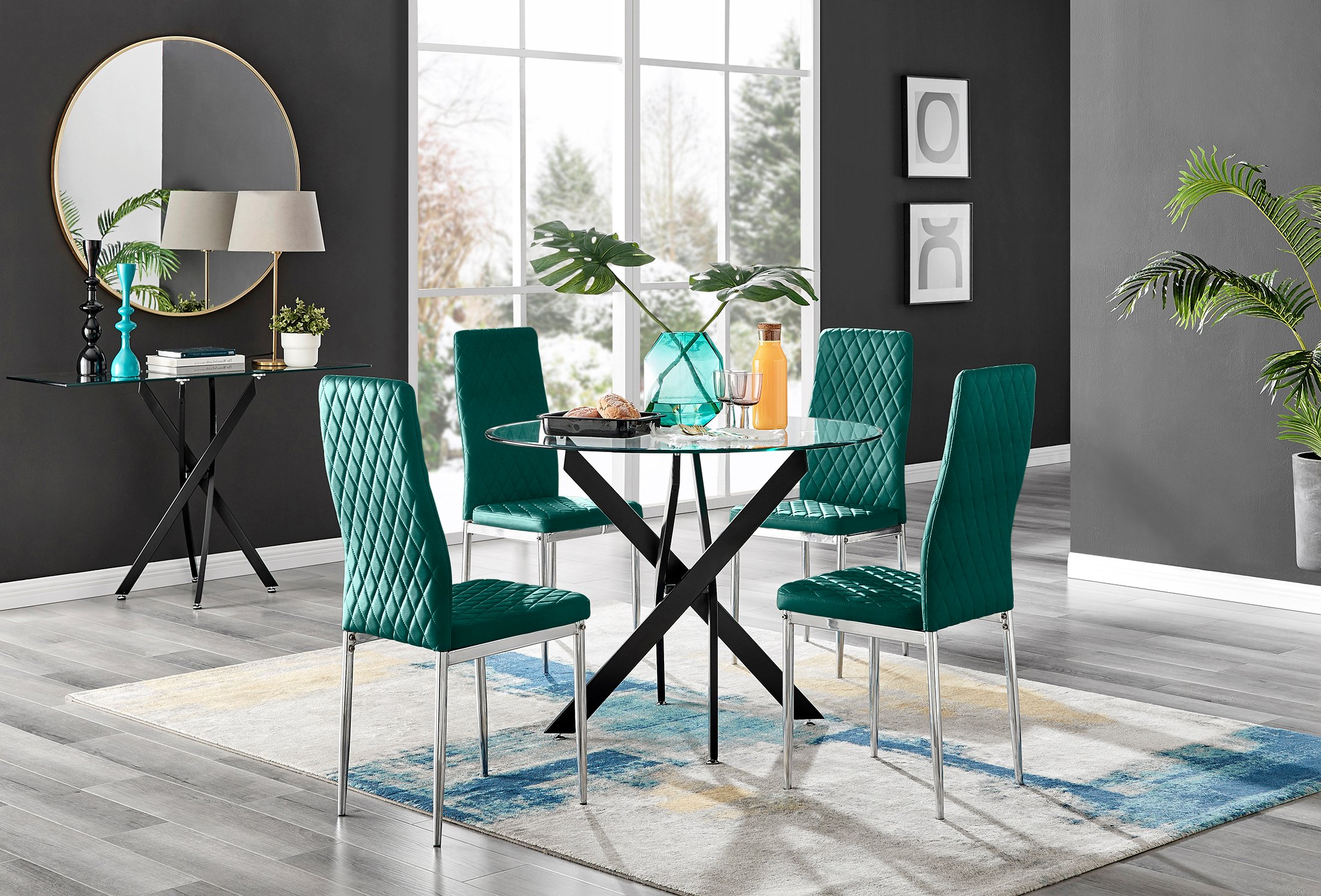 Novara Black Leg Round Glass Dining Table & 4 Velvet Milan Chairs - Picture 55 of 78
