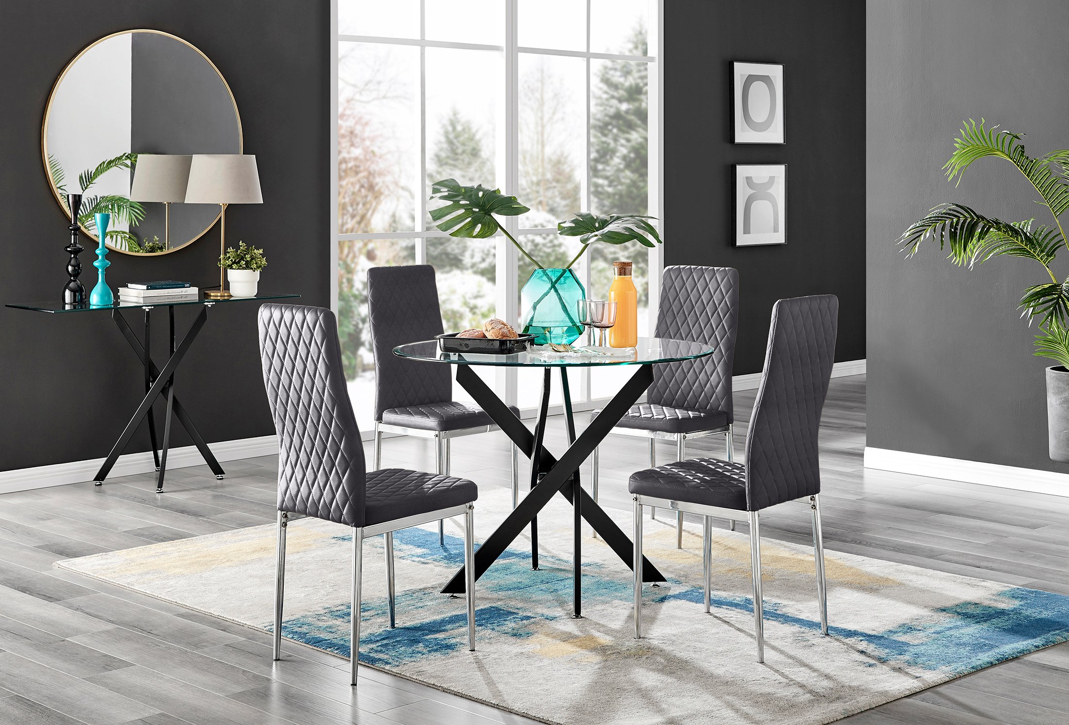 Novara Black Leg Round Glass Dining Table & 4 Velvet Milan Chairs - Picture 67 of 78