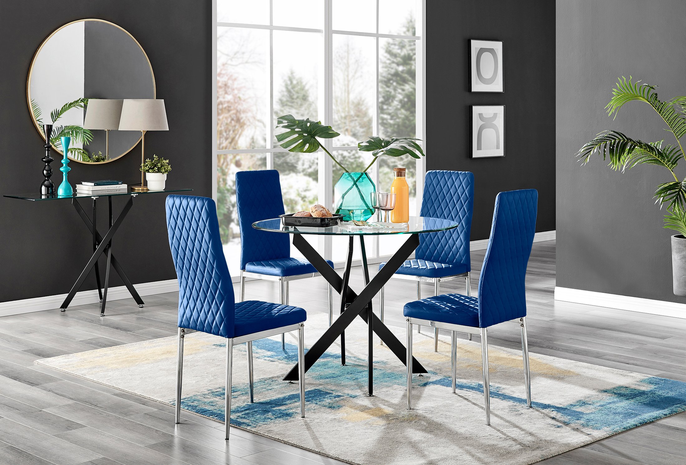 Novara Black Leg Round Glass Dining Table & 4 Velvet Milan Chairs - Picture 19 of 78