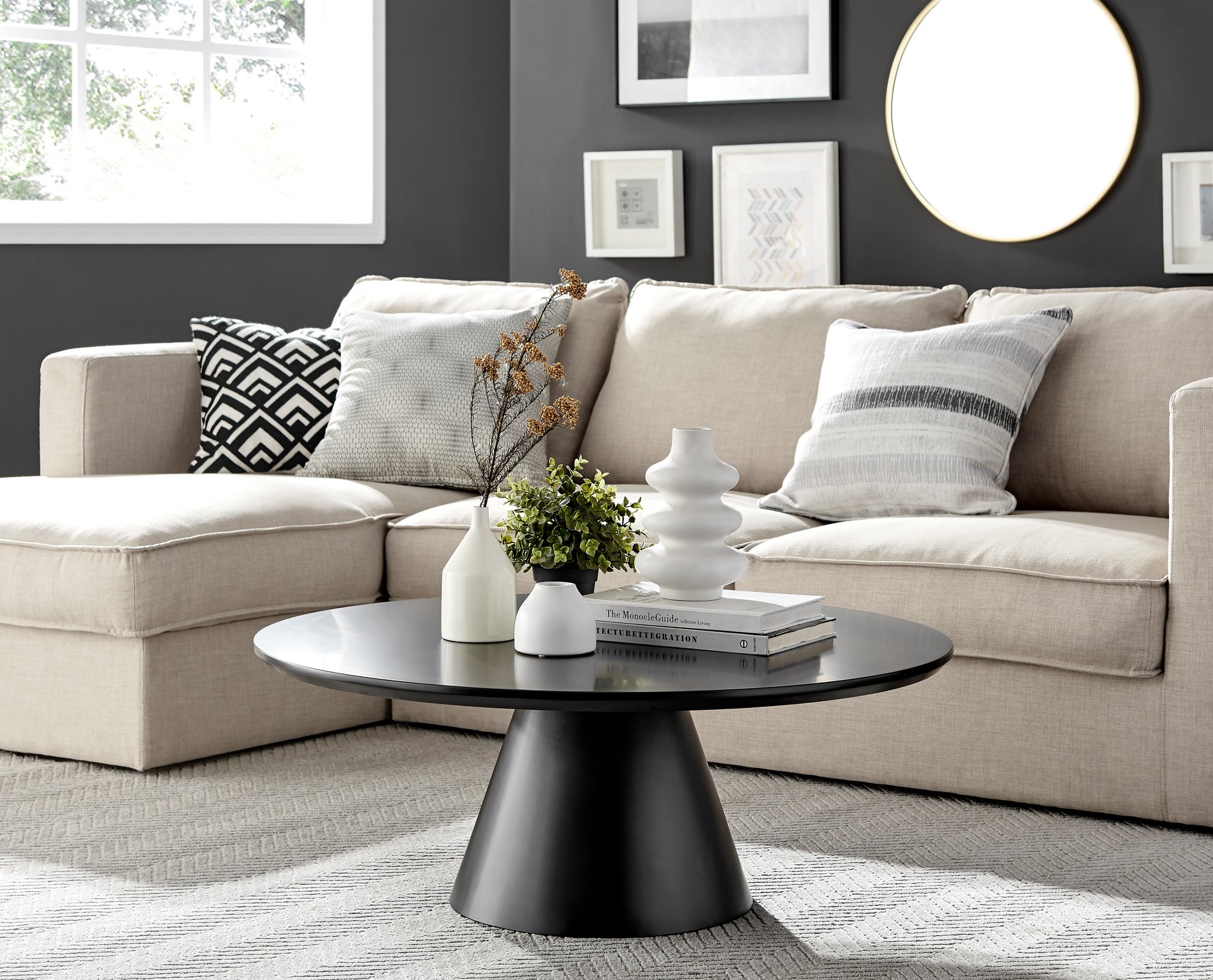 Palma Round Pedestal White Grey Black Marble Concrete Living Room Coffee Table