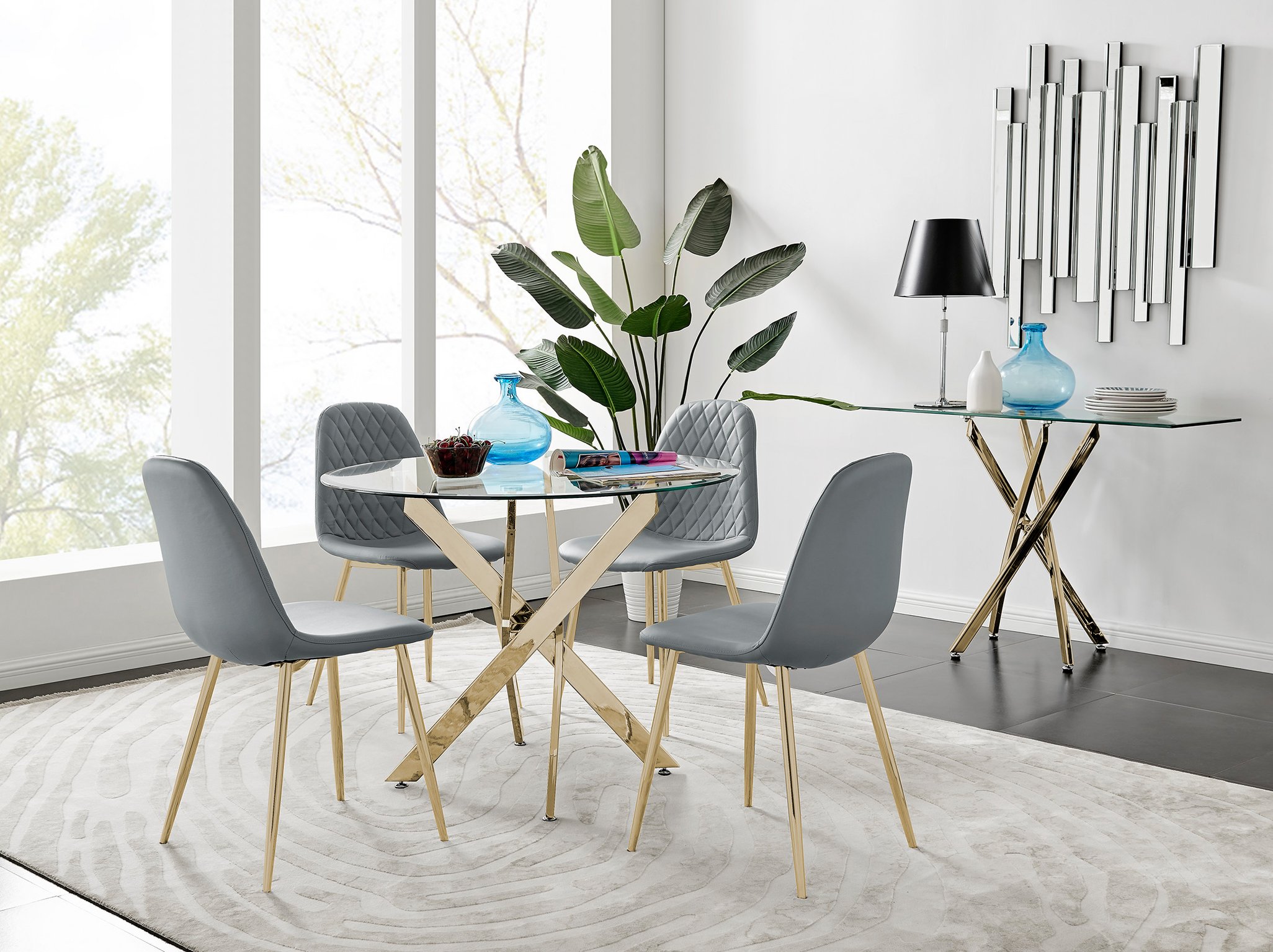 NOVARA Gold Round Tempered Glass Dining Table And 4 Faux Leather Dining Chairs - Picture 88 of 410