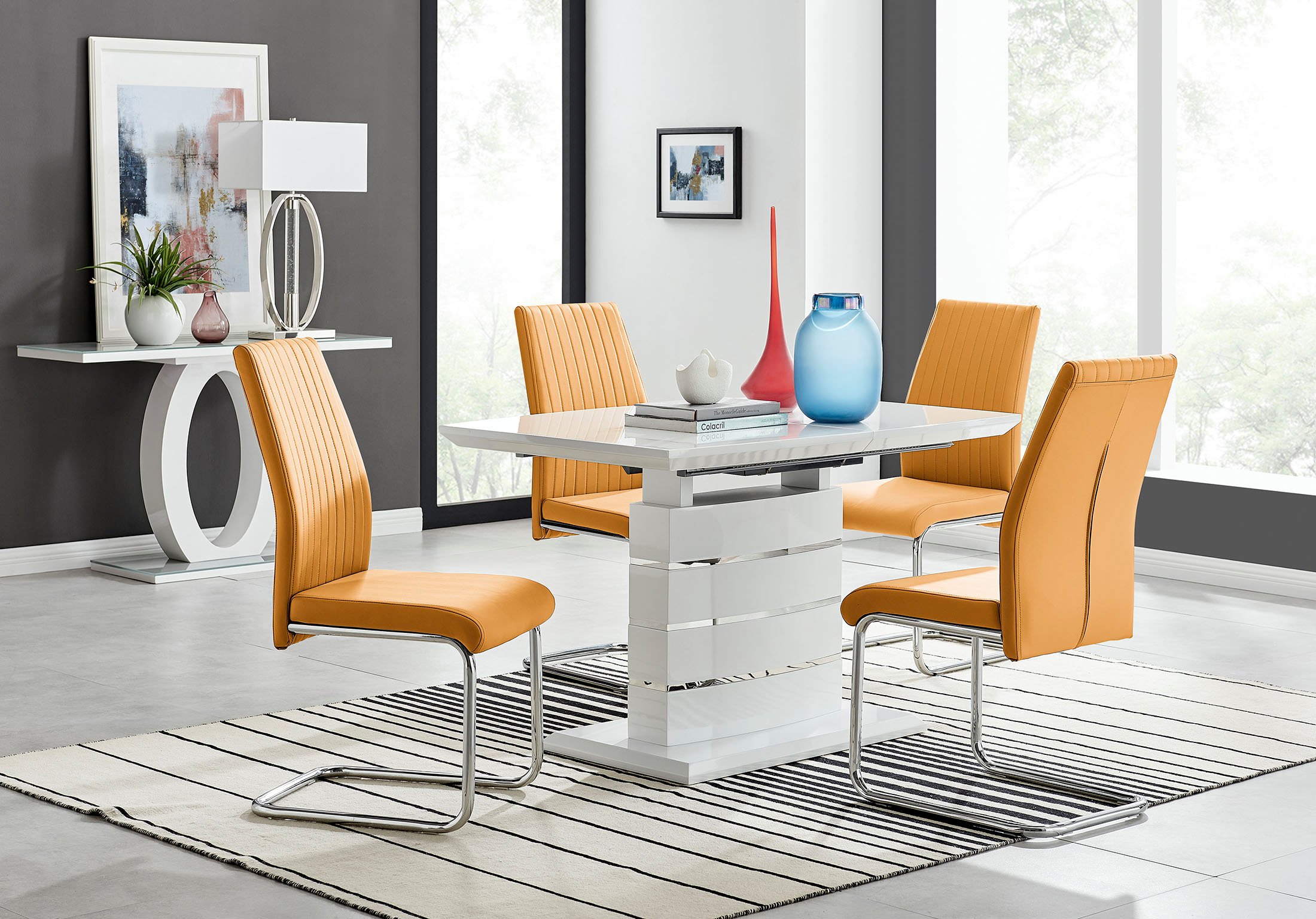 RENATO 120cm White Gloss Extending Dining Table &4/6 Faux Leather Lorenzo Chairs - Picture 97 of 118