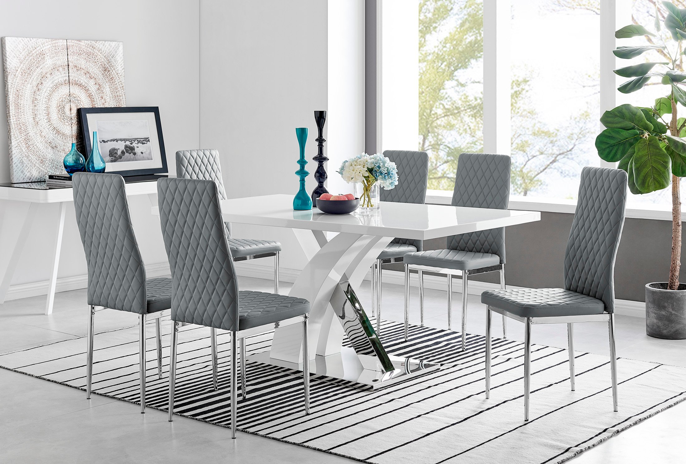 ATLANTA White High Gloss and Chrome Dining Table & 6 Faux Leather Milan Chairs - Picture 26 of 157