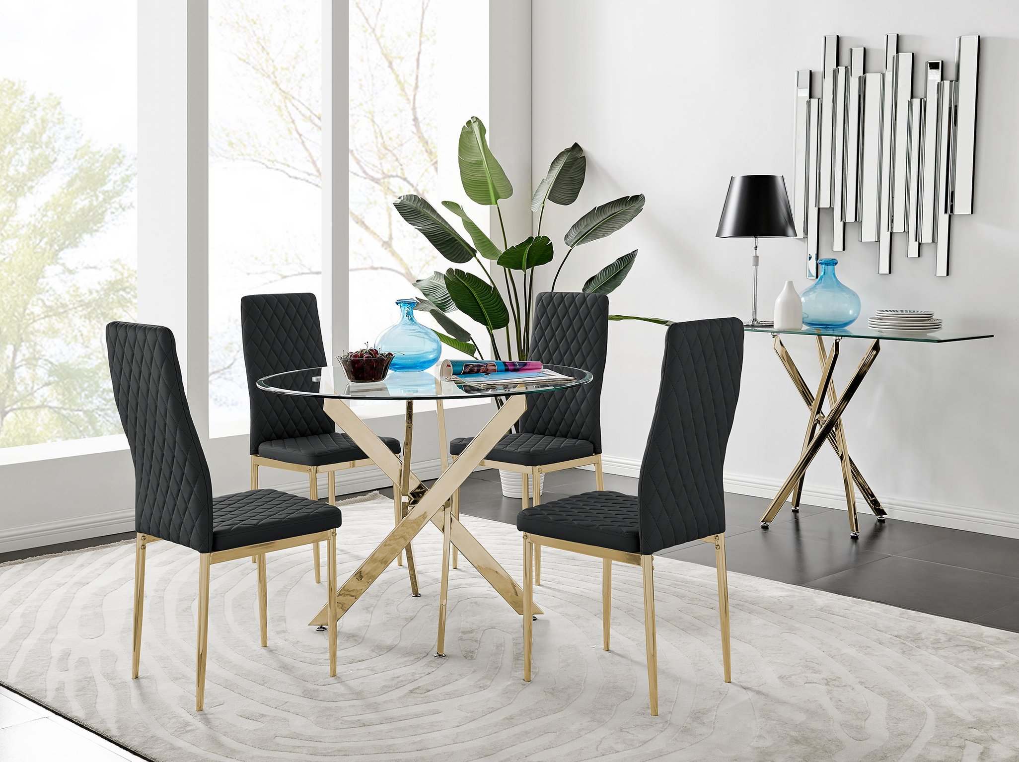 NOVARA Gold Round Tempered Glass Dining Table And 4 Faux Leather Dining Chairs - Picture 156 of 410