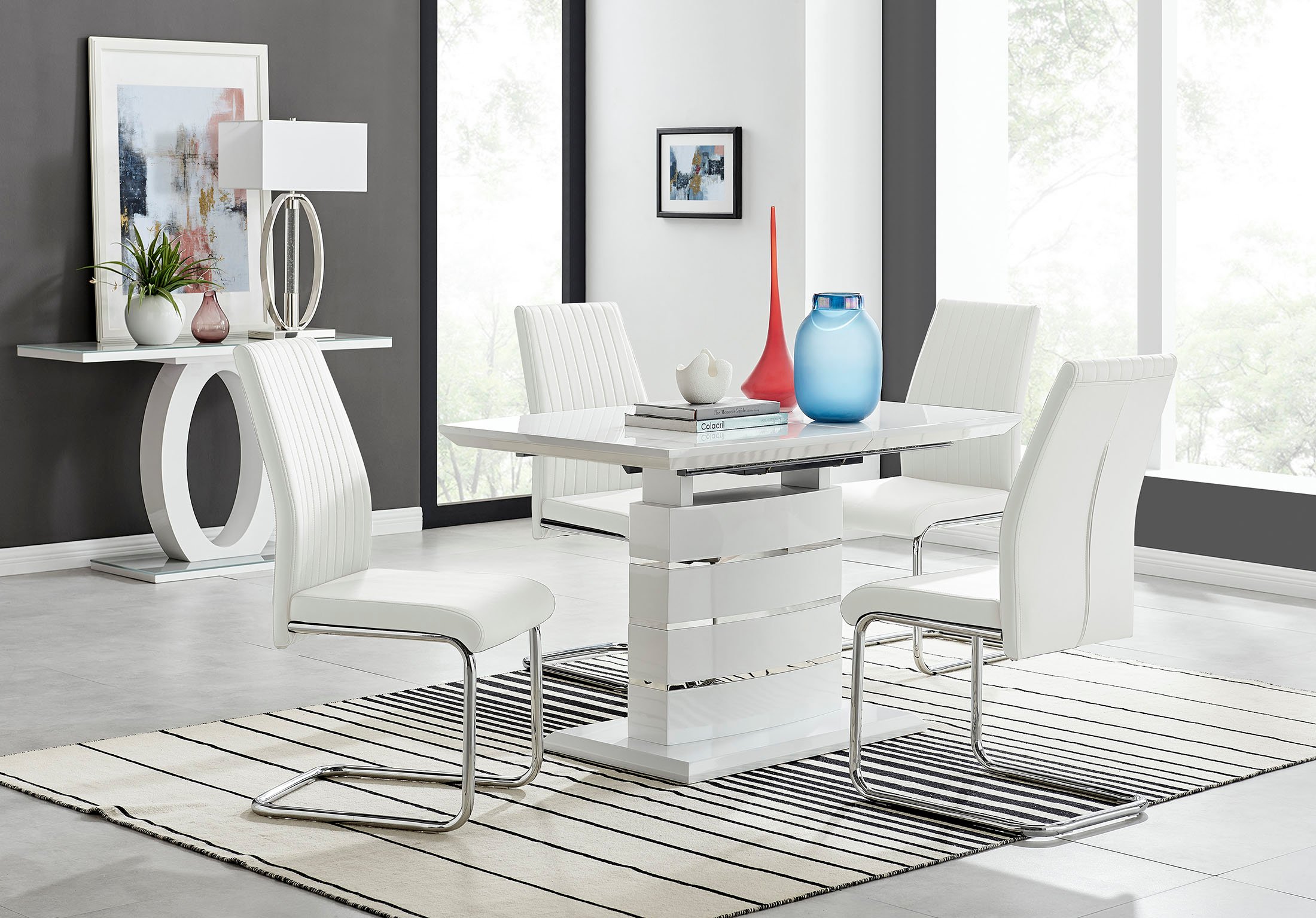 RENATO 120cm White Gloss Extending Dining Table &4/6 Faux Leather Lorenzo Chairs - Picture 107 of 118