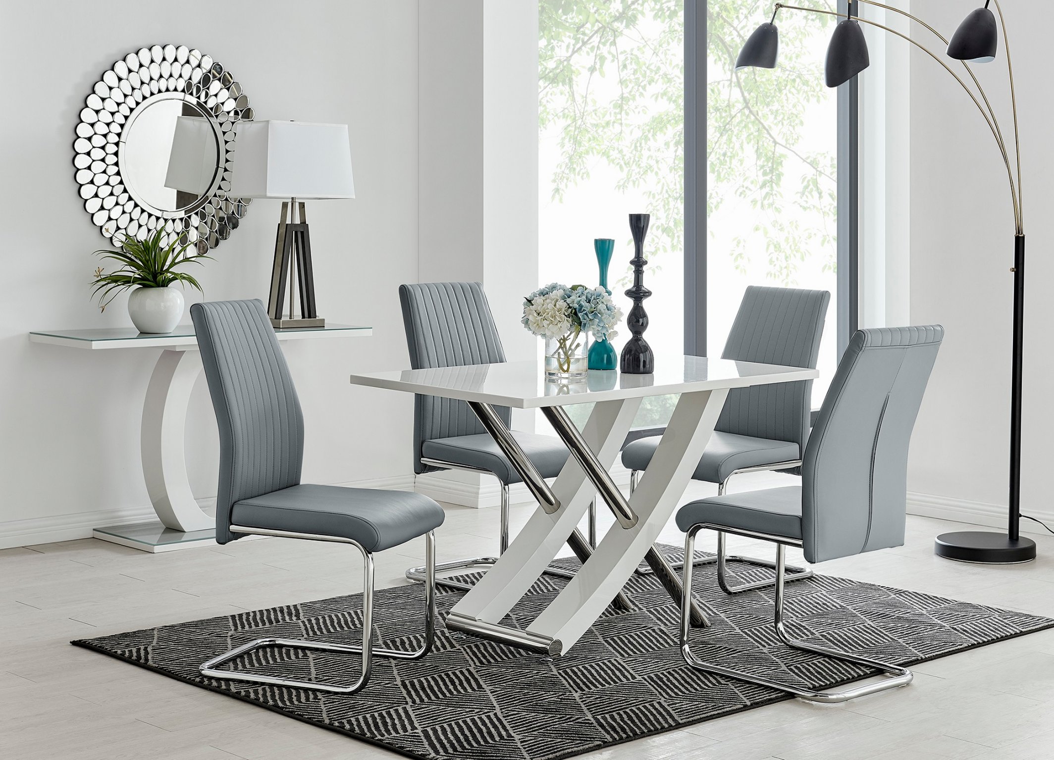 MAYFAIR White High Gloss Chrome Dining Table & 4 Faux Leather Dining Chairs - Picture 143 of 285