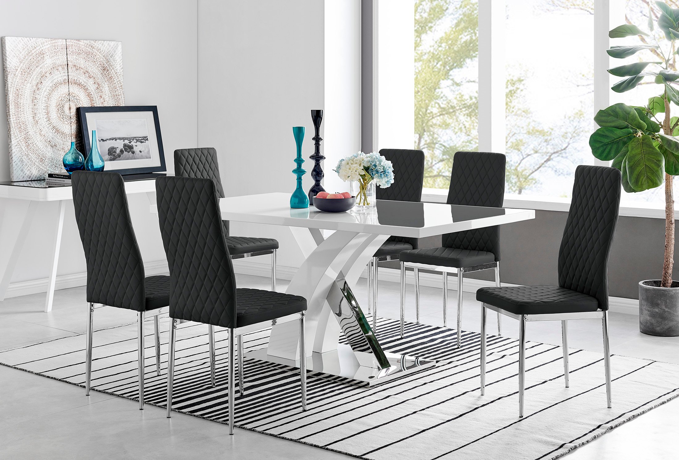 ATLANTA White High Gloss and Chrome Dining Table & 6 Faux Leather Milan Chairs - Picture 14 of 157