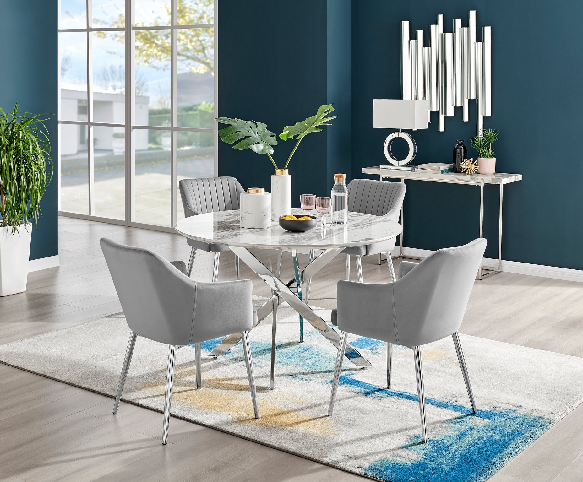 Novara White Marble Round Dining Table 120cm and Lorenzo Chairs