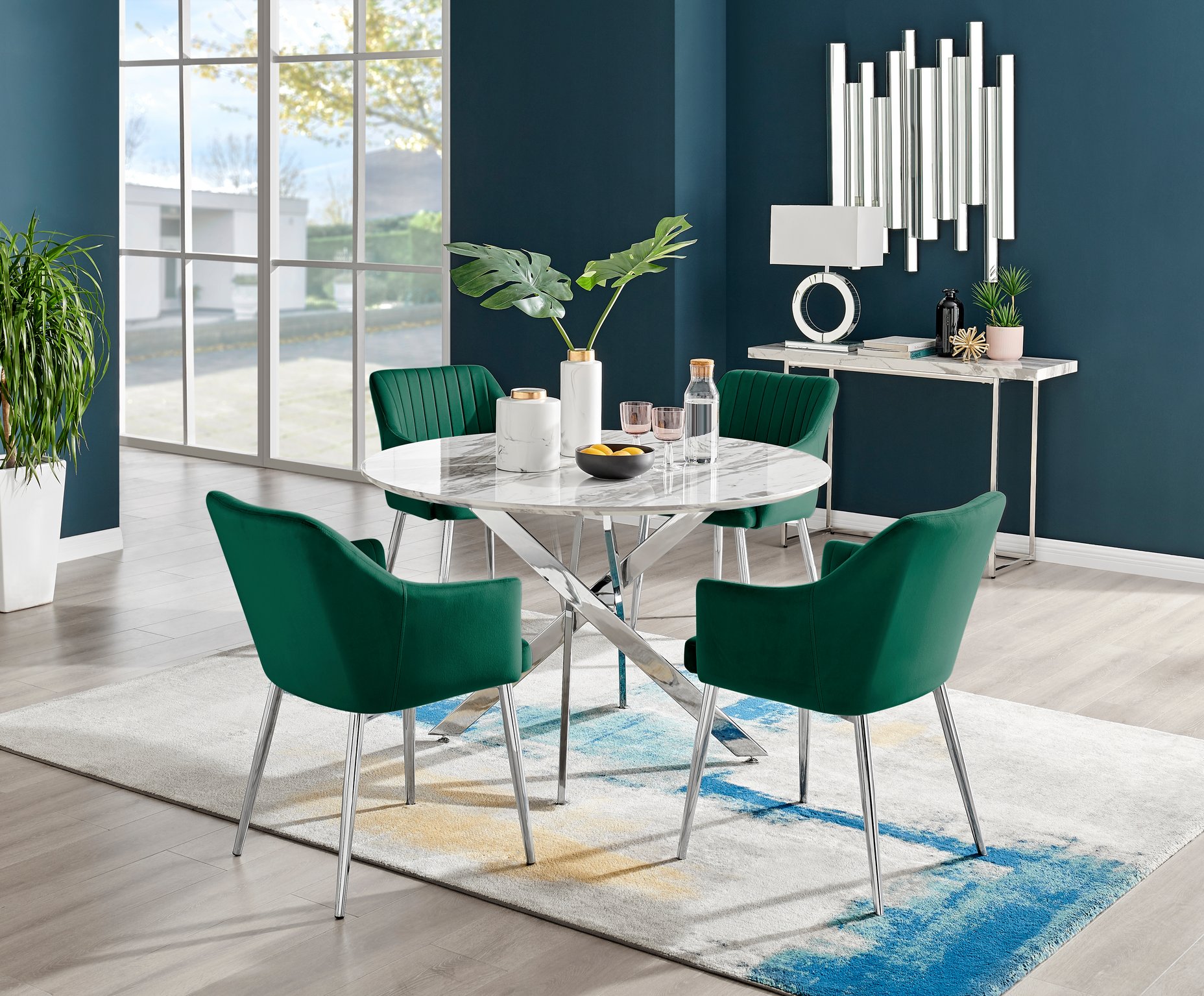 Novara White Marble Round Dining Table 120cm and 4 Calla Chairs Furniture  Set