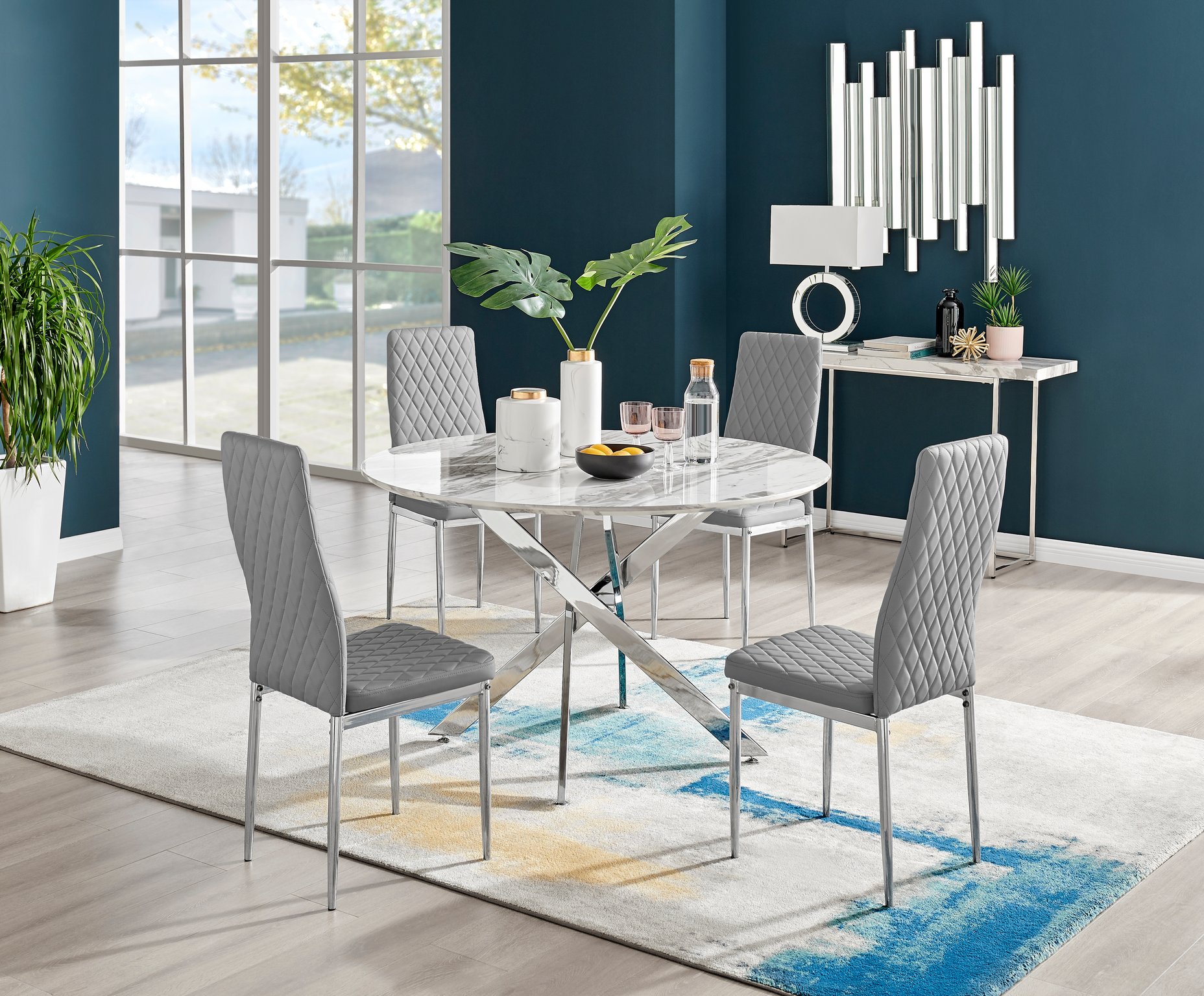 Novara White Marble Round Dining Table 120cm and 4 Milan Chairs Furniture Set - Picture 25 of 60