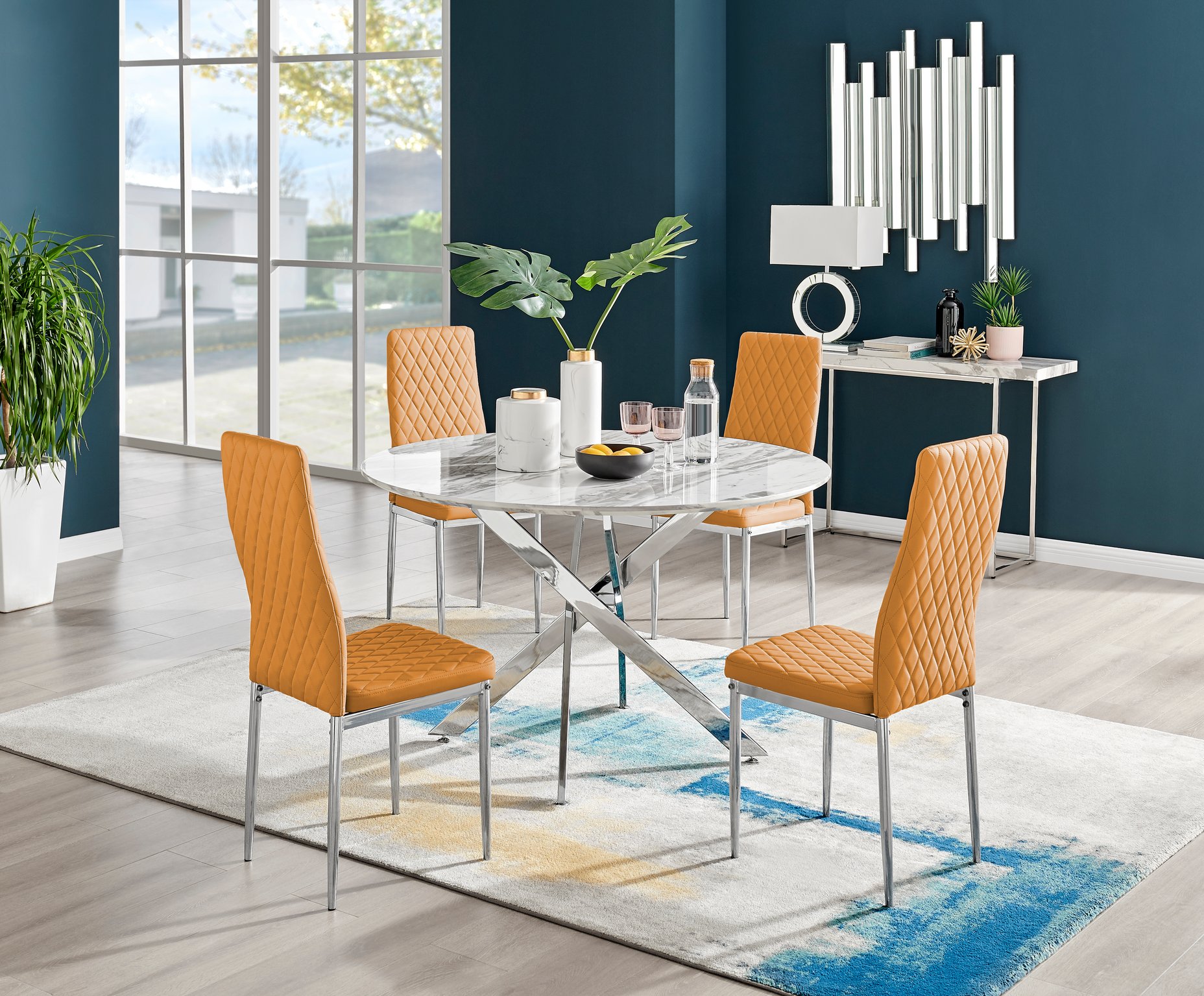 Novara White Marble Round Dining Table 120cm and 4 Milan Chairs Furniture Set - Picture 37 of 60