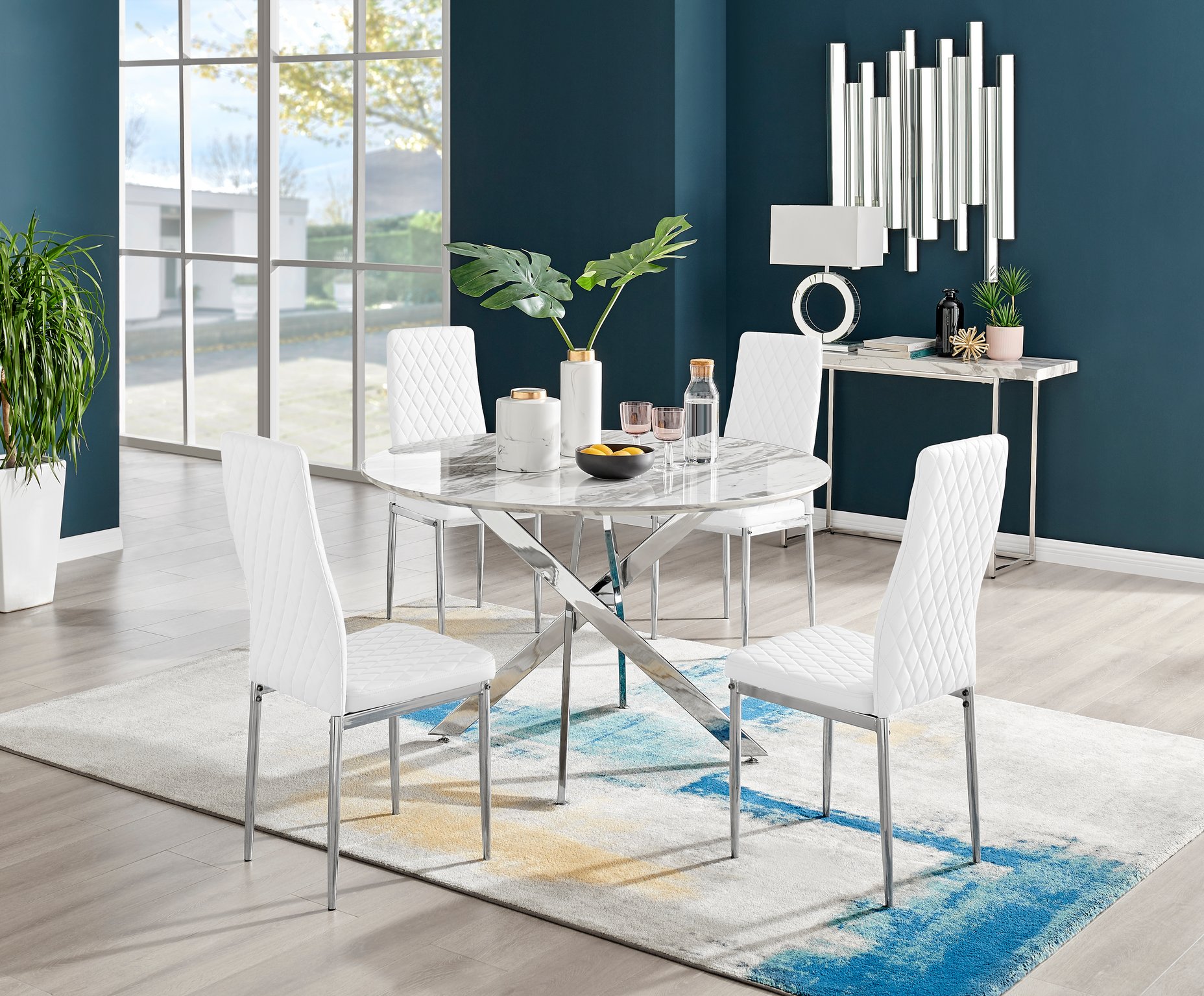 Novara White Marble Round Dining Table 120cm and 4 Milan Chairs Furniture Set - Picture 49 of 60