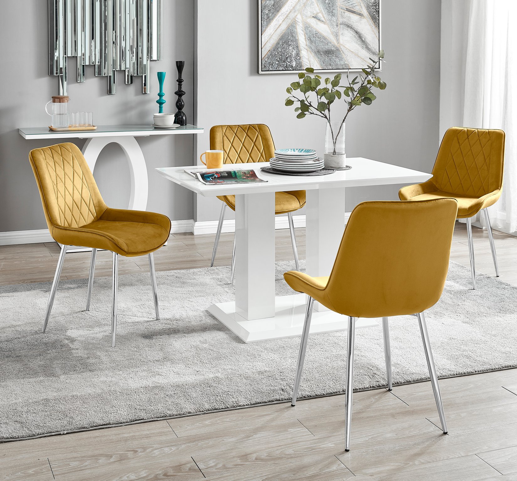 IMPERIA White High Gloss Pillar Dining Table and 4 Velvet Faux Leather Chairs - Picture 201 of 248