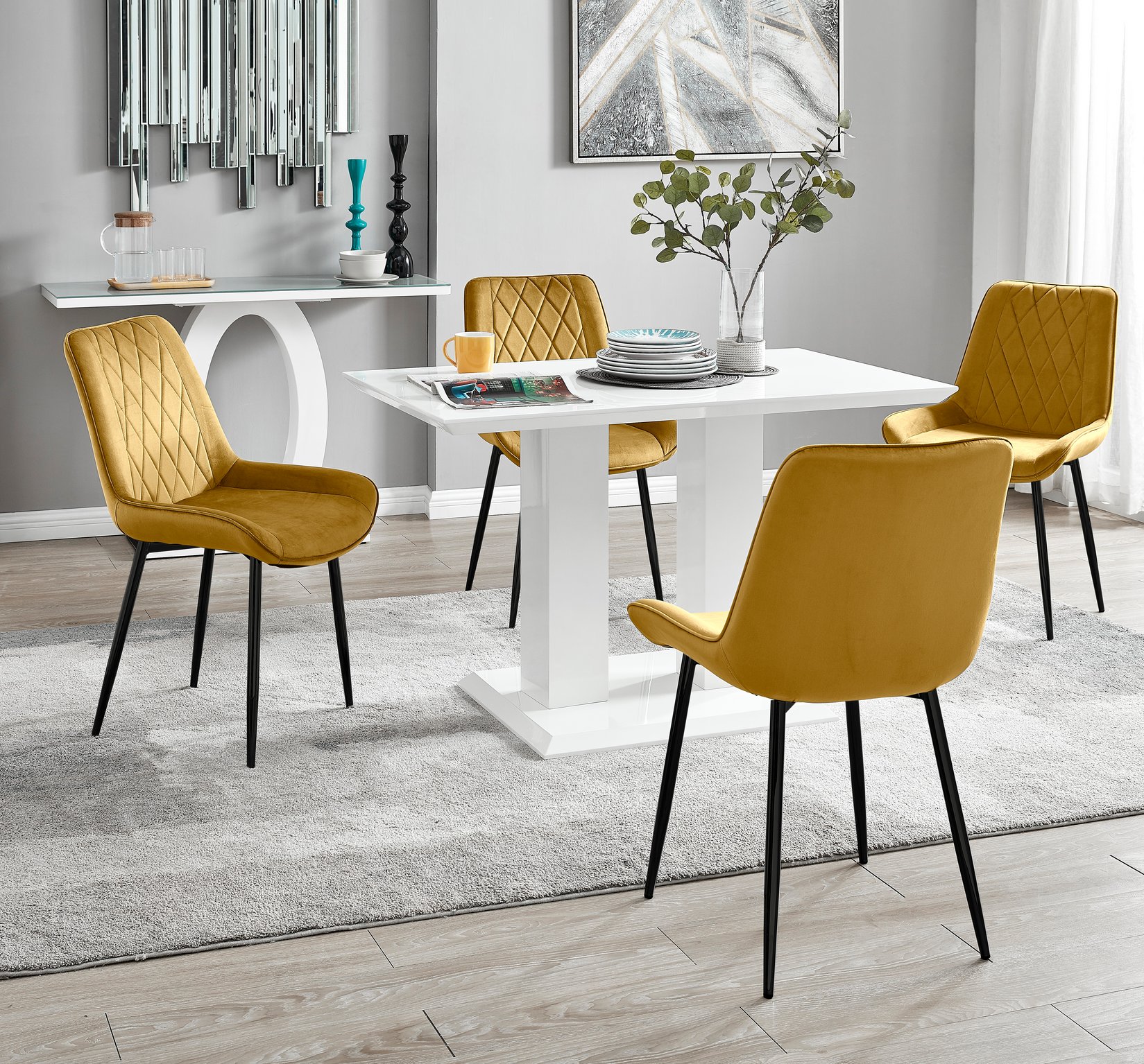 IMPERIA White High Gloss Pillar Dining Table and 4 Velvet Faux Leather Chairs - Picture 189 of 248