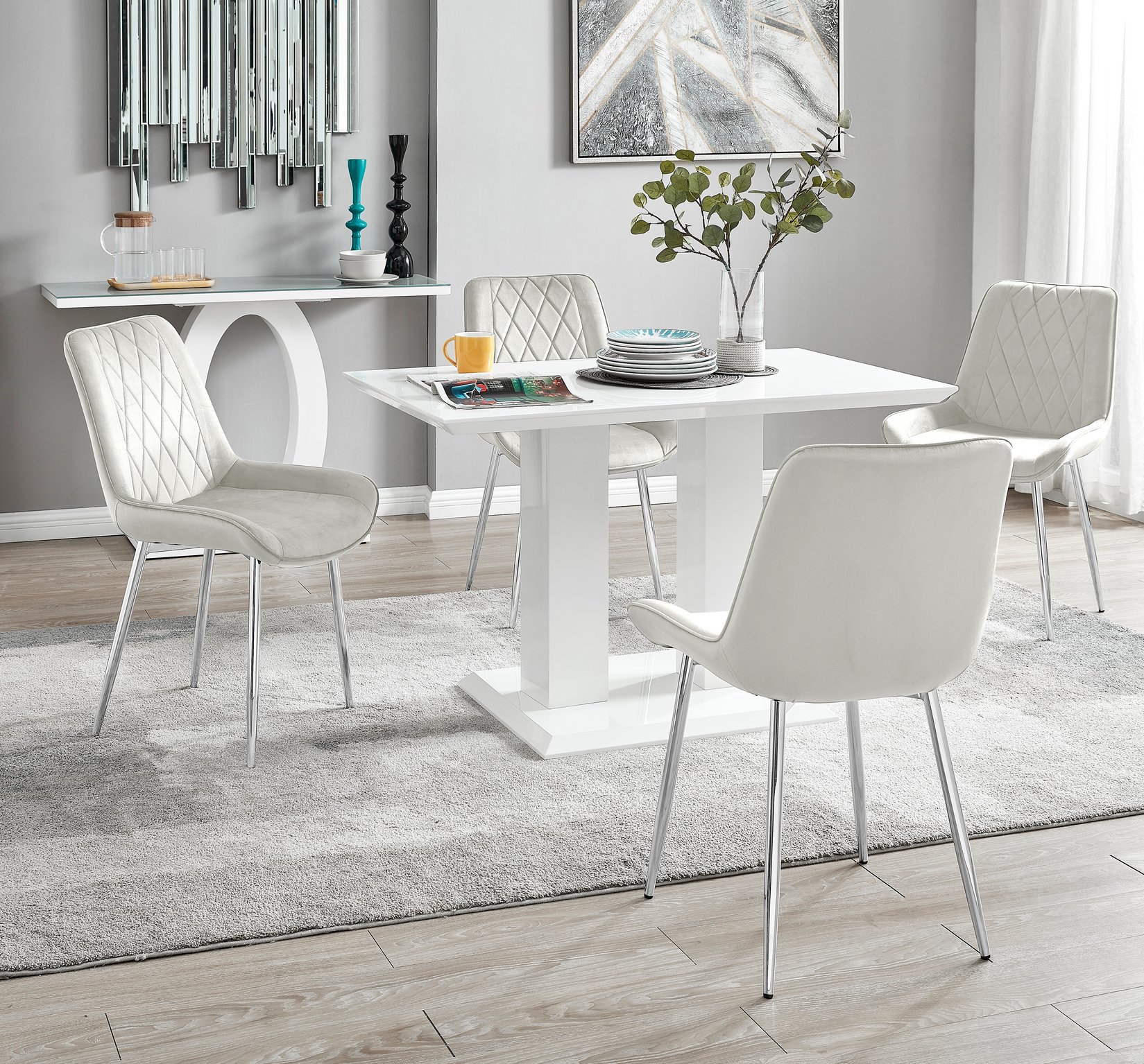 IMPERIA White High Gloss Pillar Dining Table and 4 Velvet Faux Leather Chairs - Picture 105 of 248