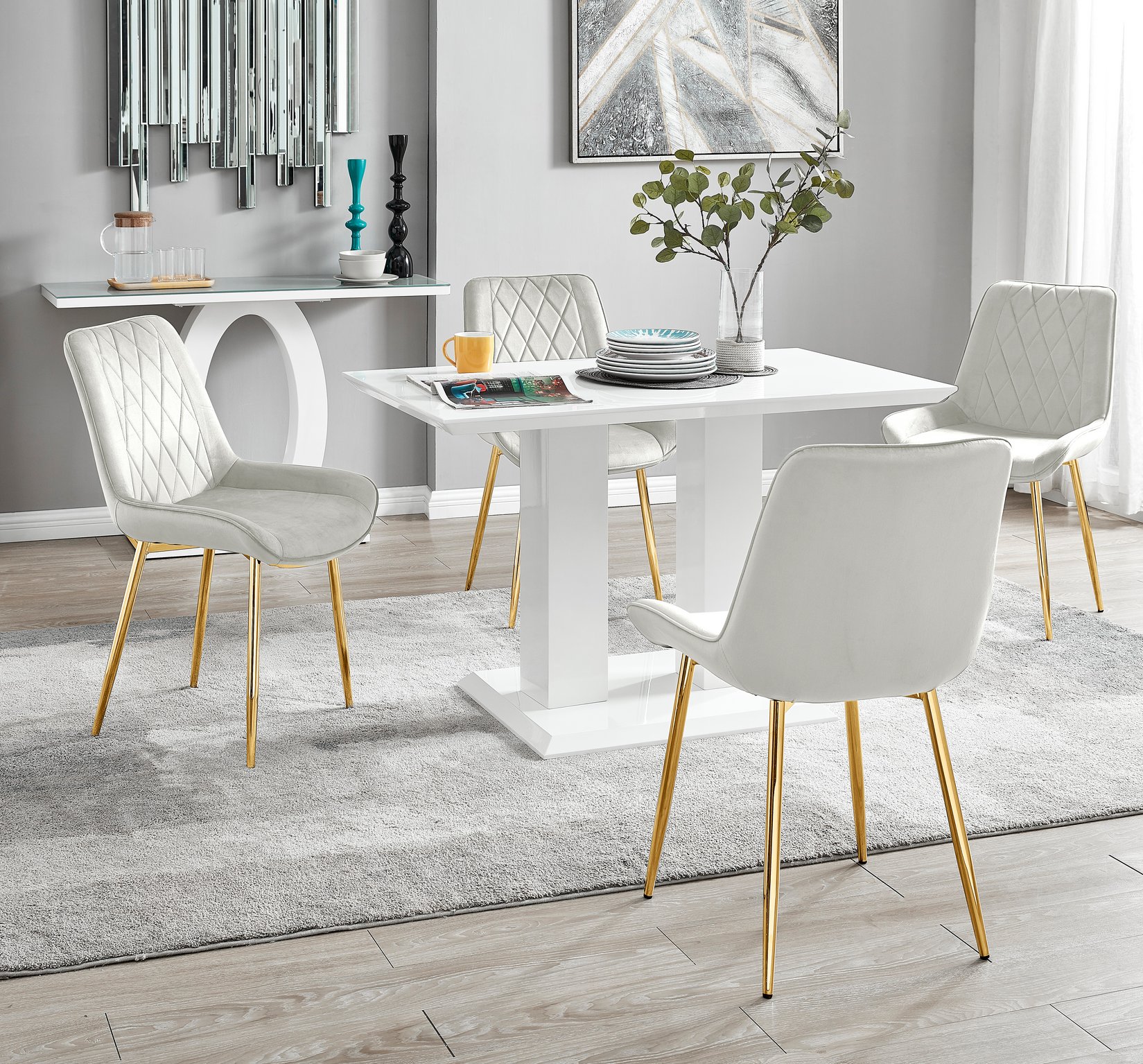 IMPERIA White High Gloss Pillar Dining Table and 4 Velvet Faux Leather Chairs - Picture 93 of 248