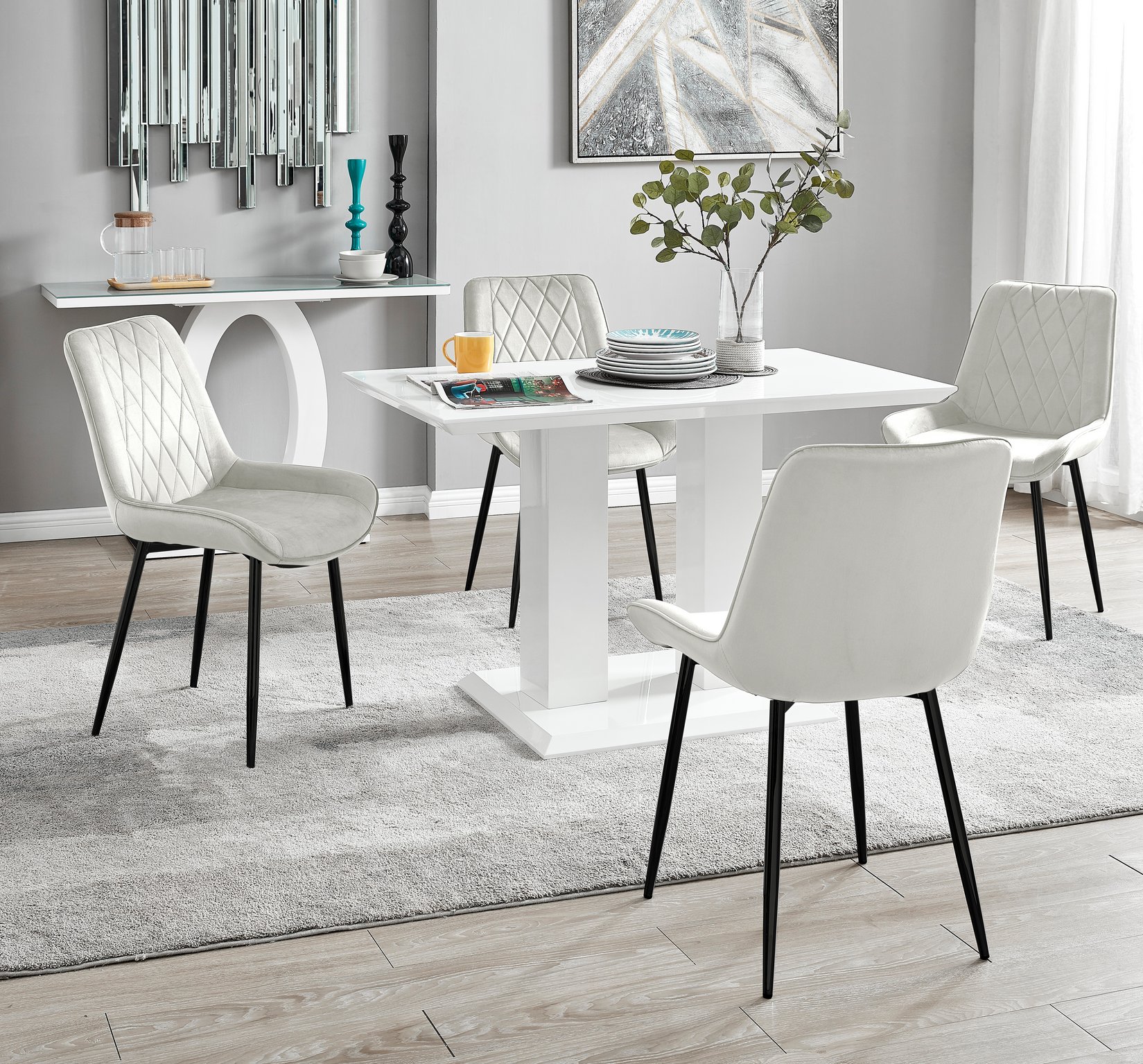 IMPERIA White High Gloss Pillar Dining Table and 4 Velvet Faux Leather Chairs - Picture 81 of 248