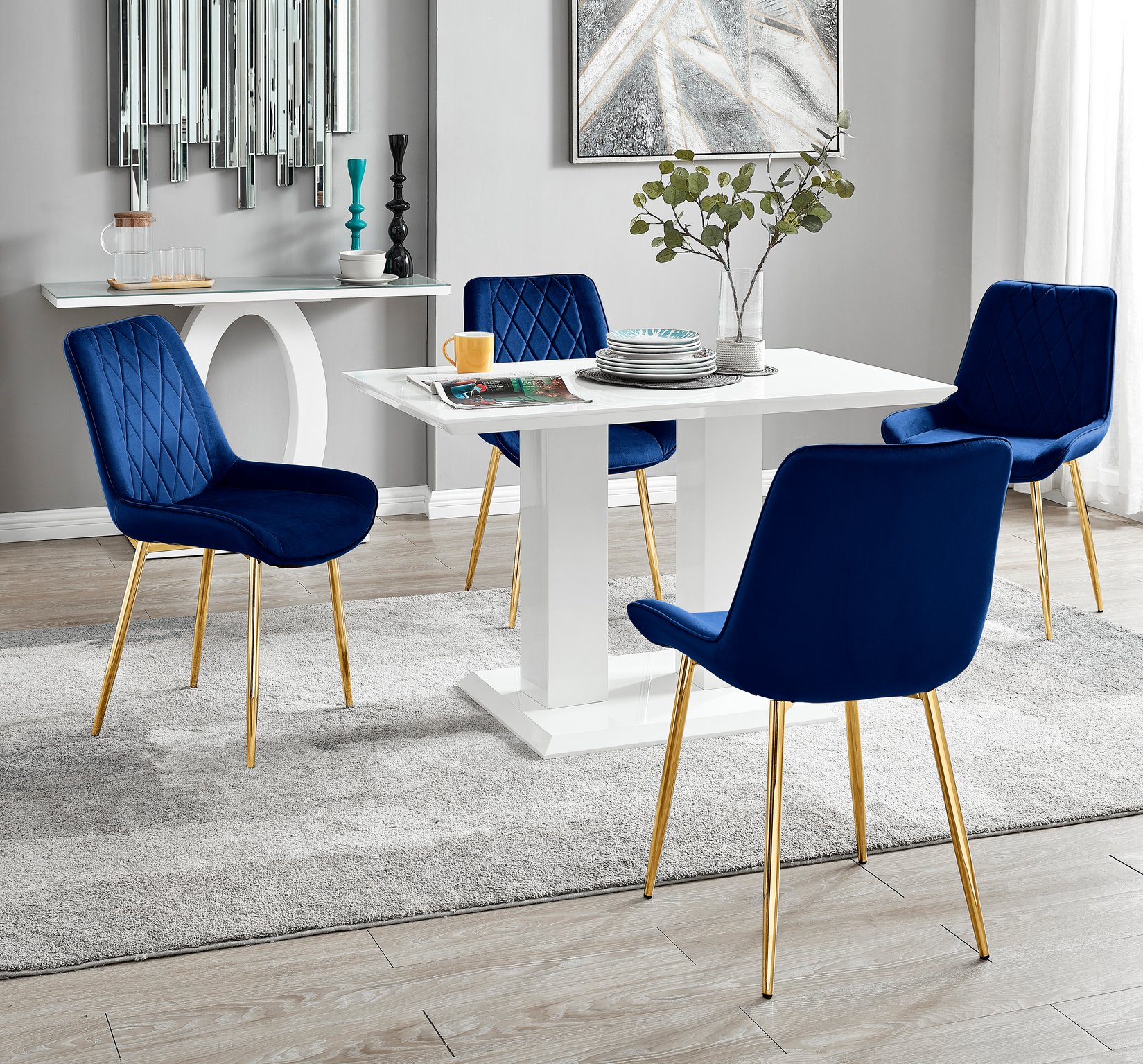 IMPERIA White High Gloss Pillar Dining Table and 4 Velvet Faux Leather Chairs - Picture 225 of 248